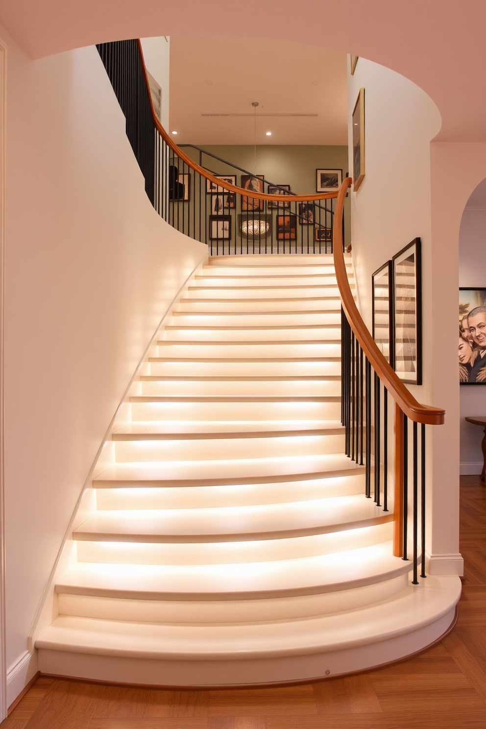 A stunning curved staircase flows gracefully from the foyer to the upper level. Integrated lighting illuminates the steps, creating a warm and inviting atmosphere. The staircase features a sleek wooden handrail that complements the elegant design. The walls alongside are adorned with artwork, enhancing the visual appeal of this architectural masterpiece.