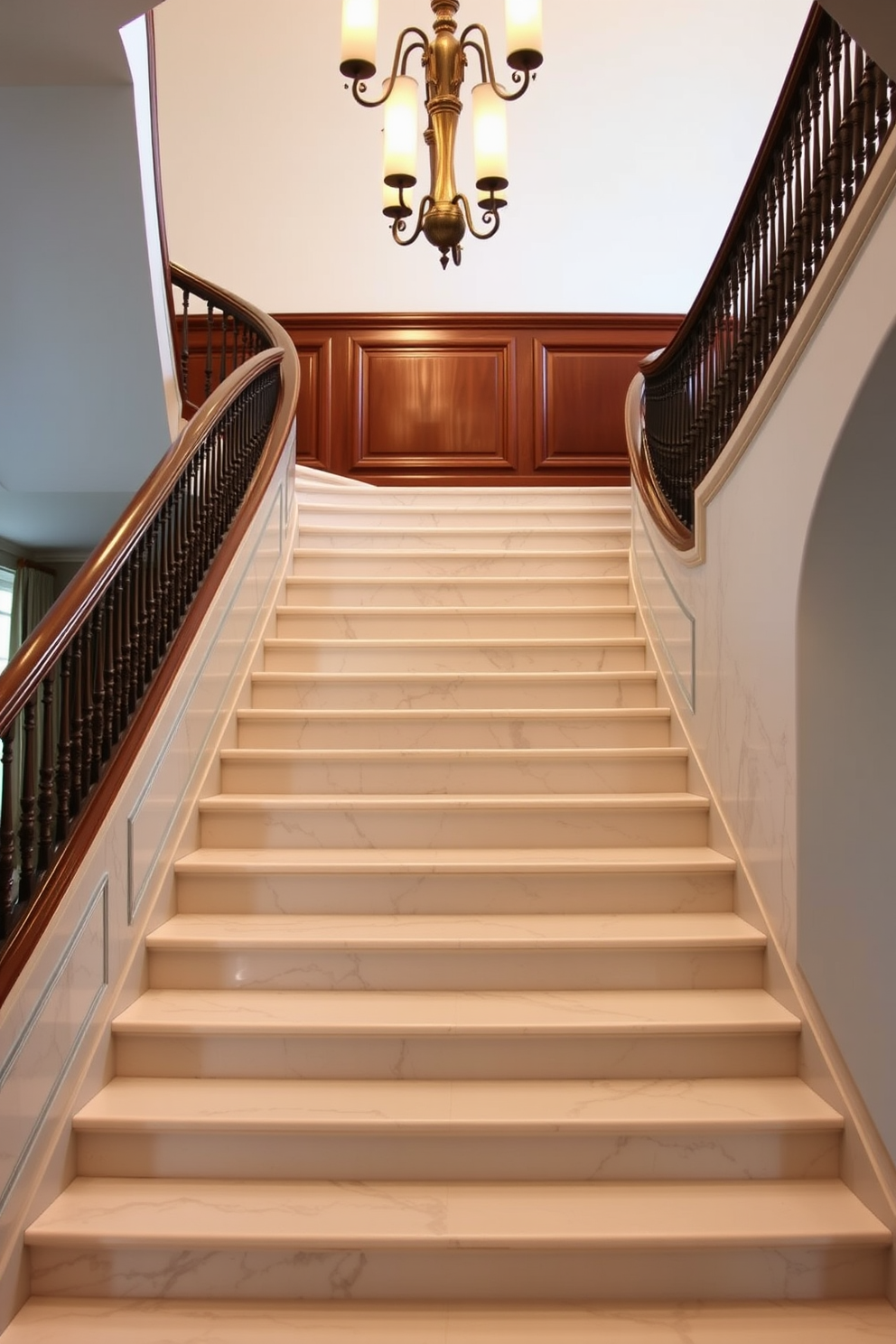 Classic marble steps lead gracefully up a luxurious curved staircase, showcasing intricate detailing along the railing. The staircase is illuminated by elegant pendant lights that cast a warm glow, highlighting the polished marble finish and the rich wood accents surrounding it.