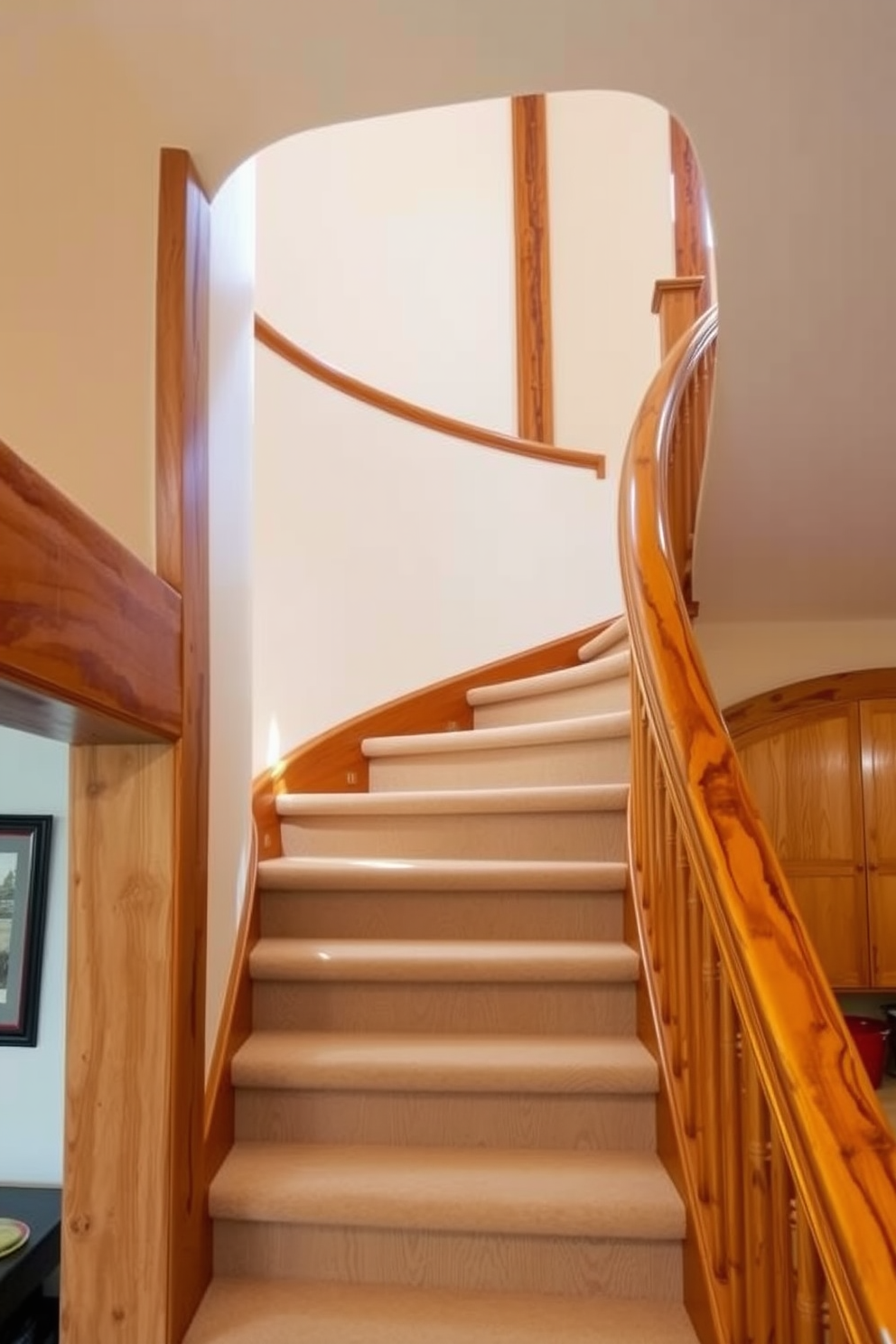 A warm and inviting staircase with rustic wooden beams running parallel to the steps. The curved design of the staircase features a rich wooden handrail that complements the natural tones of the beams.