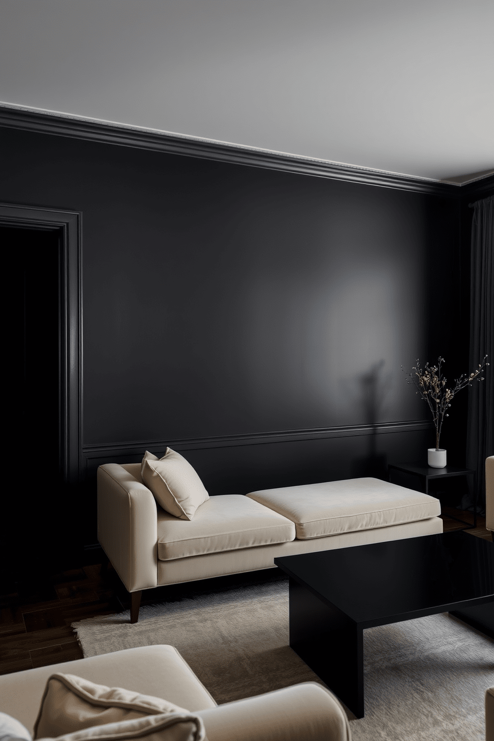 Moody dark walls create an intimate atmosphere, complemented by contrasting furniture pieces in lighter shades. A plush velvet sofa in a soft cream color sits opposite a sleek black coffee table, enhancing the modern aesthetic of the space.