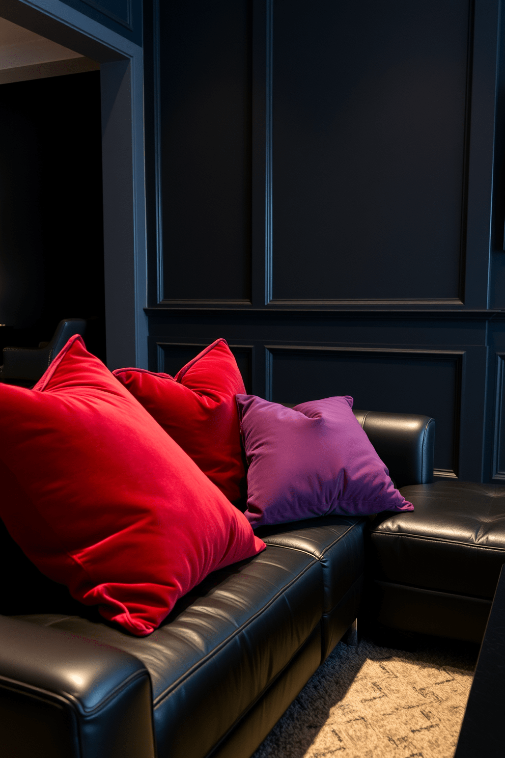 A dark and moody apartment with rich velvet cushions scattered across a sleek leather sofa. The walls are painted in deep charcoal, and soft ambient lighting creates an inviting atmosphere.