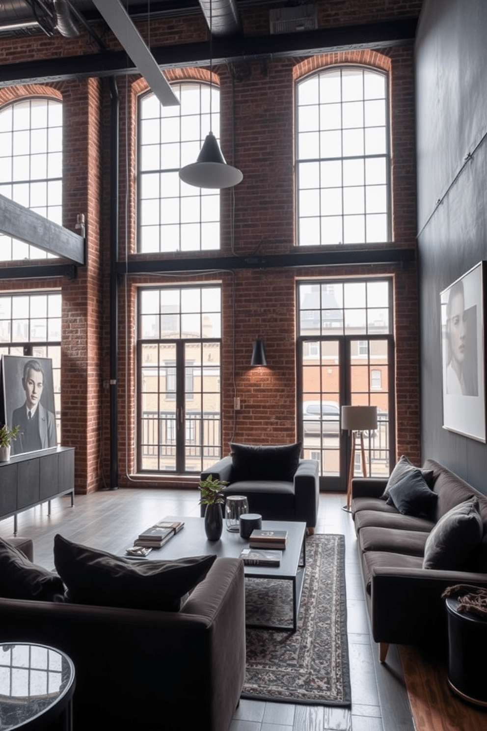 A stylish industrial living room featuring exposed brick walls and large windows that flood the space with natural light. Dark metal accents are incorporated through furniture pieces like a sleek coffee table and minimalist light fixtures, creating a cohesive and modern aesthetic. A cozy dark apartment designed with rich, deep colors and layered textures. The space includes plush velvet sofas, a statement art piece on the wall, and strategically placed warm lighting to enhance the intimate atmosphere.