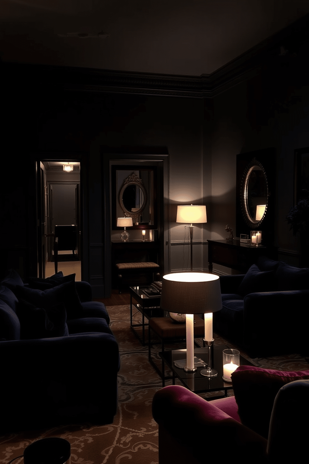 A dark apartment filled with rich textures and deep colors. The walls are painted in a charcoal gray, and the furniture features plush velvet upholstery in shades of navy and burgundy. Soft ambient lighting creates a warm and inviting atmosphere throughout the space. Elegant floor lamps and strategically placed candles add a touch of intimacy to the living area.