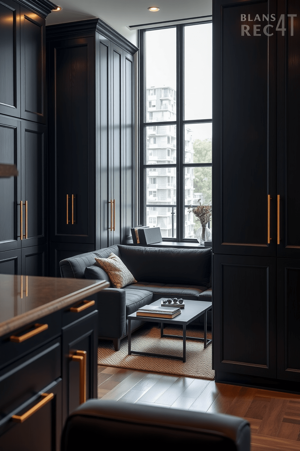 A chic and modern apartment with dark cabinetry featuring elegant gold hardware accents. The space is complemented by ambient lighting that highlights the rich textures and tones of the cabinetry. The living area showcases a plush sectional sofa in a deep hue, paired with a sleek coffee table that adds a touch of sophistication. Floor-to-ceiling windows allow natural light to flood the room, enhancing the overall warmth of the dark apartment design.