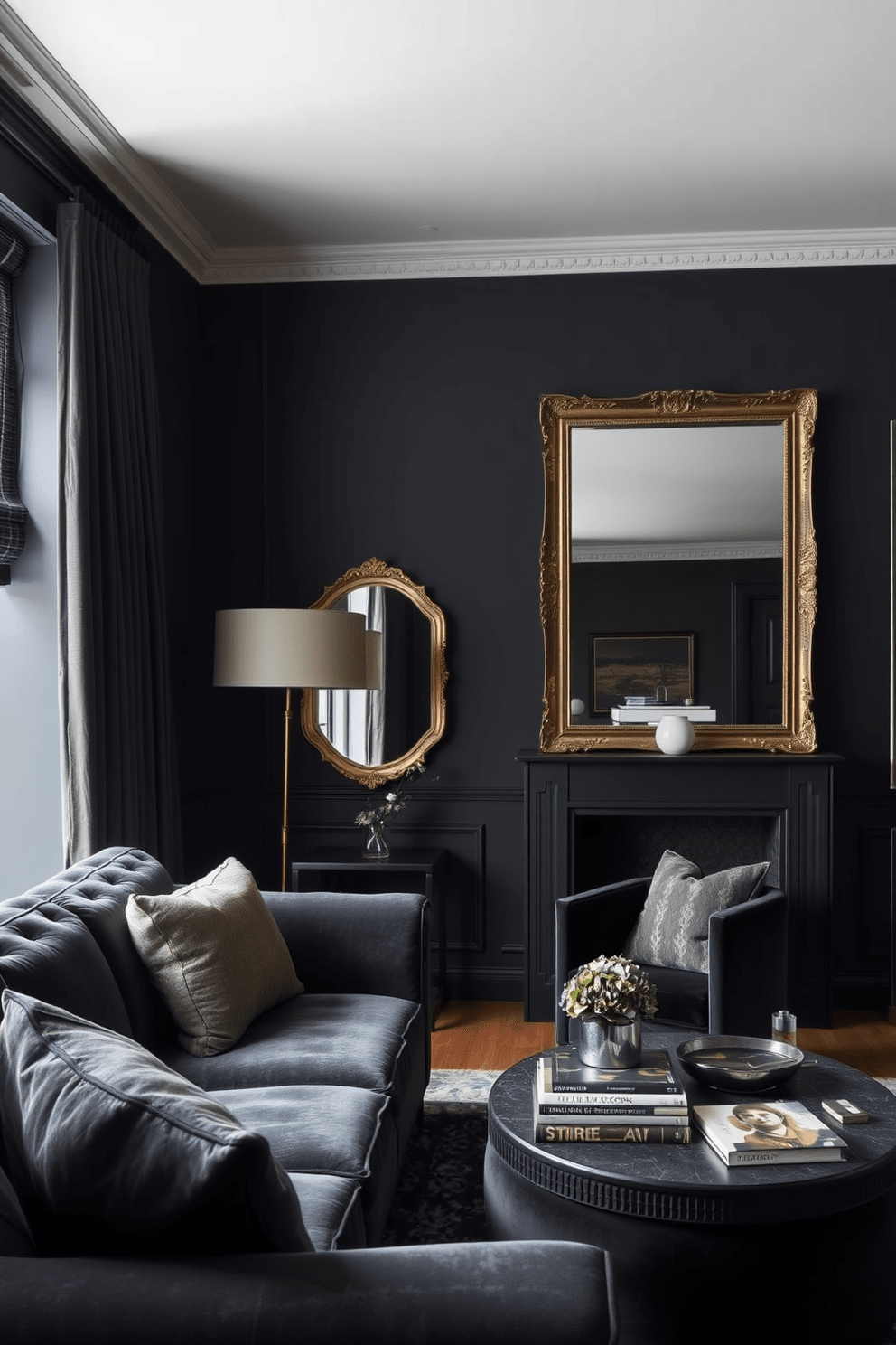 A dark and moody apartment setting with statement mirrors strategically placed to enhance light reflection. The walls are painted in deep charcoal, and the furniture features rich textures like velvet and leather, creating a luxurious yet cozy atmosphere.