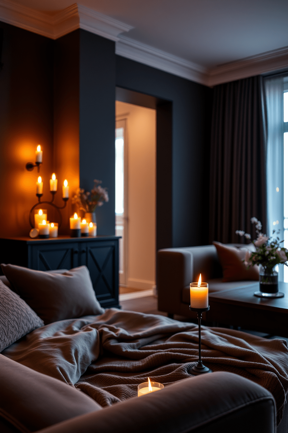 Candlelit spaces for romantic ambiance. Soft flickering lights create an intimate atmosphere, with candles placed on elegant holders scattered throughout the room. Dark Apartment Design Ideas. Rich, deep colors dominate the walls and furnishings, creating a cozy yet sophisticated environment that invites relaxation and warmth.