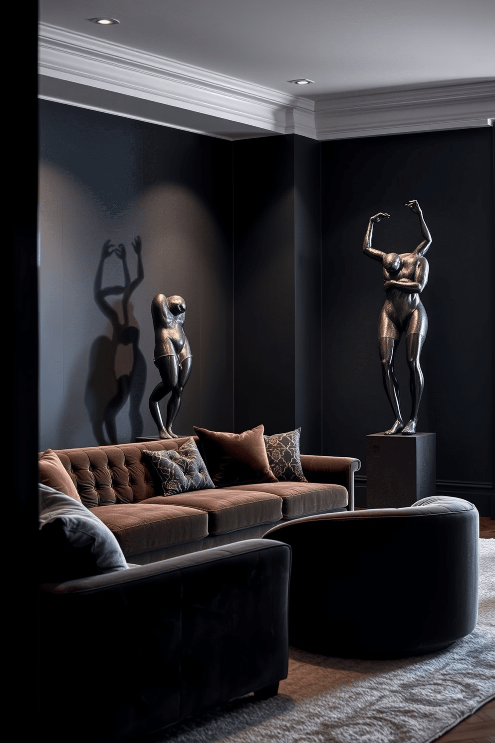 Artistic sculptures serve as striking focal points in a dark apartment setting. The walls are painted in deep charcoal, creating an intimate atmosphere that enhances the visual impact of the sculptures. Soft lighting highlights the contours of the sculptures, casting interesting shadows across the room. Rich textures from velvet furnishings and dark wood accents complement the overall design, adding depth and sophistication.