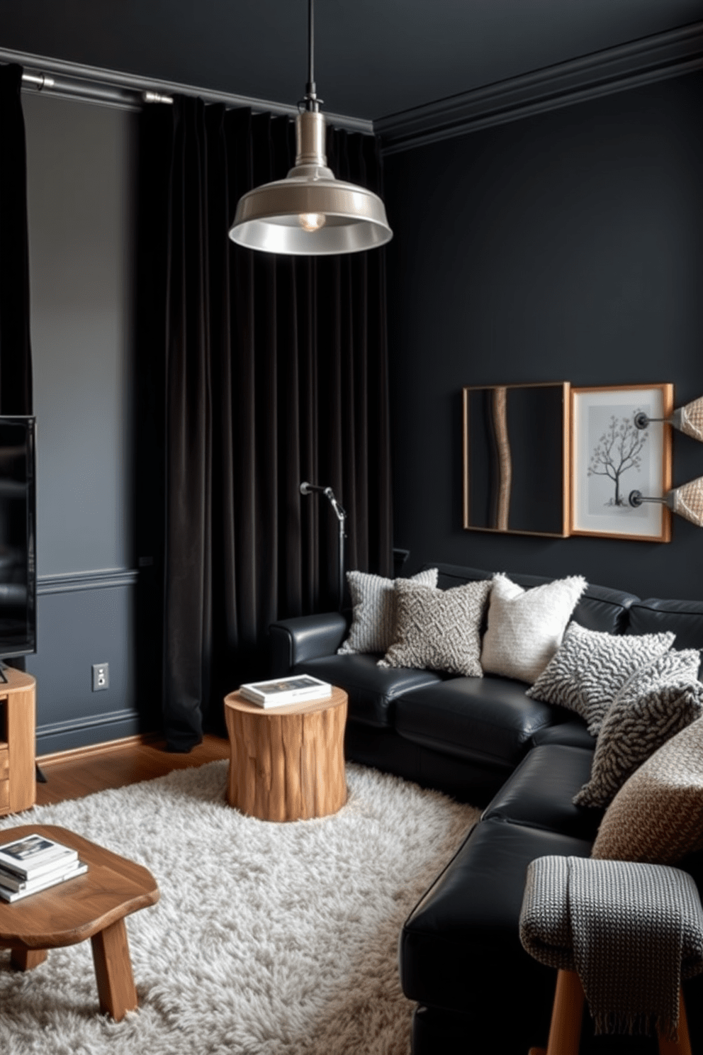 A dark apartment setting that embraces layered textures to create depth and warmth. The walls are painted in a deep charcoal hue, complemented by rich velvet curtains and a plush area rug. A statement sofa in a dark leather is paired with a mix of textured throw pillows. Industrial-style lighting fixtures add a modern touch, while wooden accents bring in a natural element.