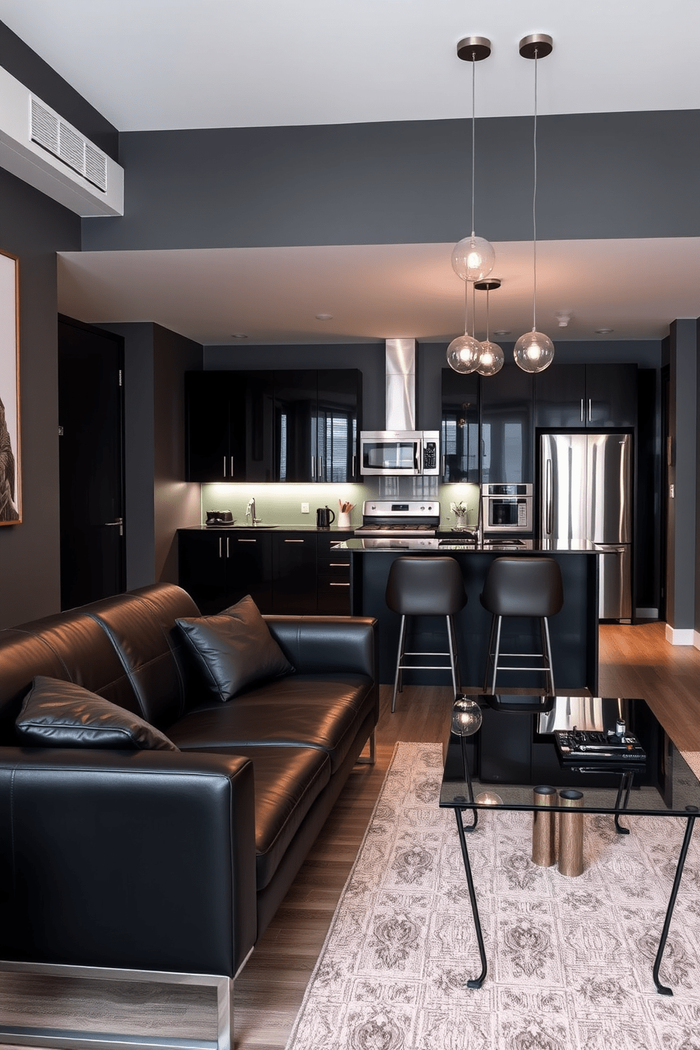 A modern apartment with a dark color palette featuring glass and metal accents. The living area showcases a sleek black leather sofa paired with a glass coffee table and metal legs, creating a stylish contrast against the deep gray walls. In the kitchen, dark cabinetry is complemented by stainless steel appliances and a glass backsplash that adds a touch of elegance. Ambient lighting fixtures in brushed nickel hang above the island, enhancing the contemporary vibe of the space.