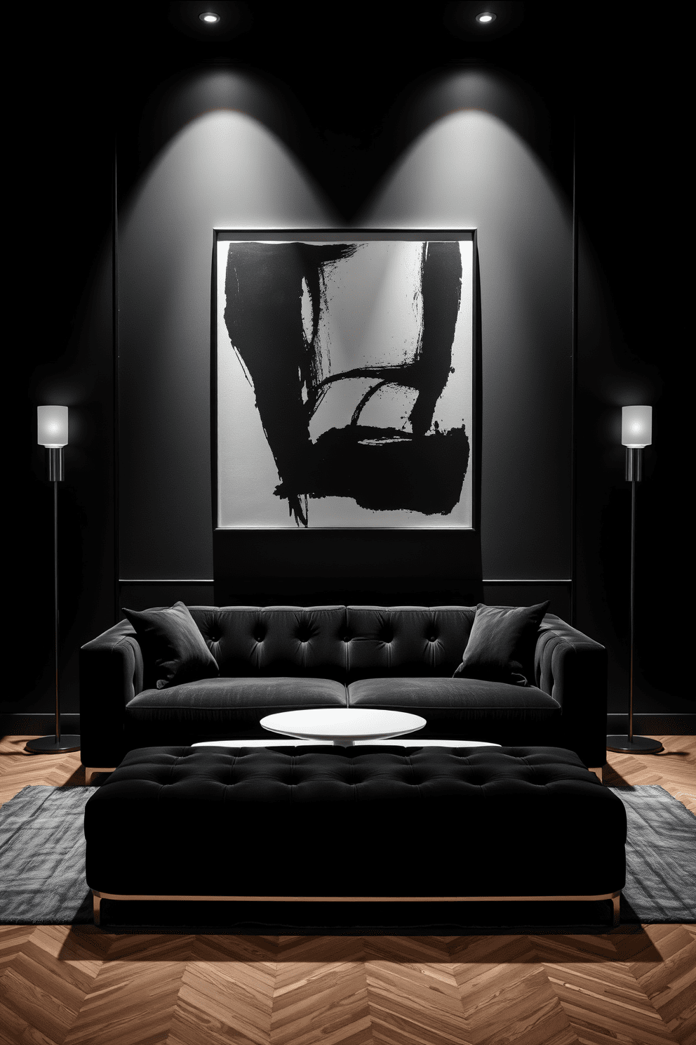 A moody and elegant apartment setting featuring dark walls and rich textures. The space is illuminated by soft ambient lighting, highlighting the contrast between the shadows and the sleek furniture. In the living area, a plush black velvet sofa is paired with a minimalist white coffee table. A large monochrome artwork hangs above the sofa, creating a striking focal point against the dark backdrop.