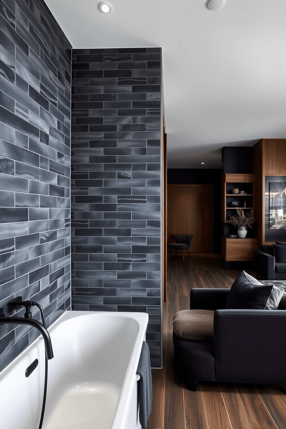 A luxurious bathroom featuring dark tiles that exude elegance. The walls are adorned with deep charcoal tiles, complemented by sleek black fixtures and a modern soaking tub. A chic apartment design that embraces dark tones for a sophisticated ambiance. The living area showcases charcoal walls, rich wooden accents, and plush furniture in deep jewel tones.