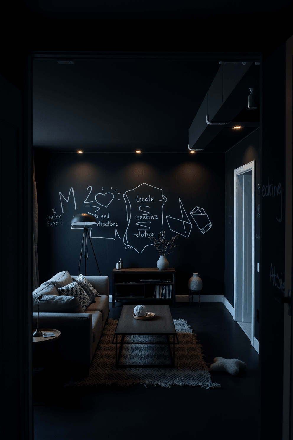 A dark and moody apartment featuring walls coated in chalkboard paint for creative expression. The space is adorned with minimalist furniture and soft ambient lighting to enhance the intimate atmosphere.