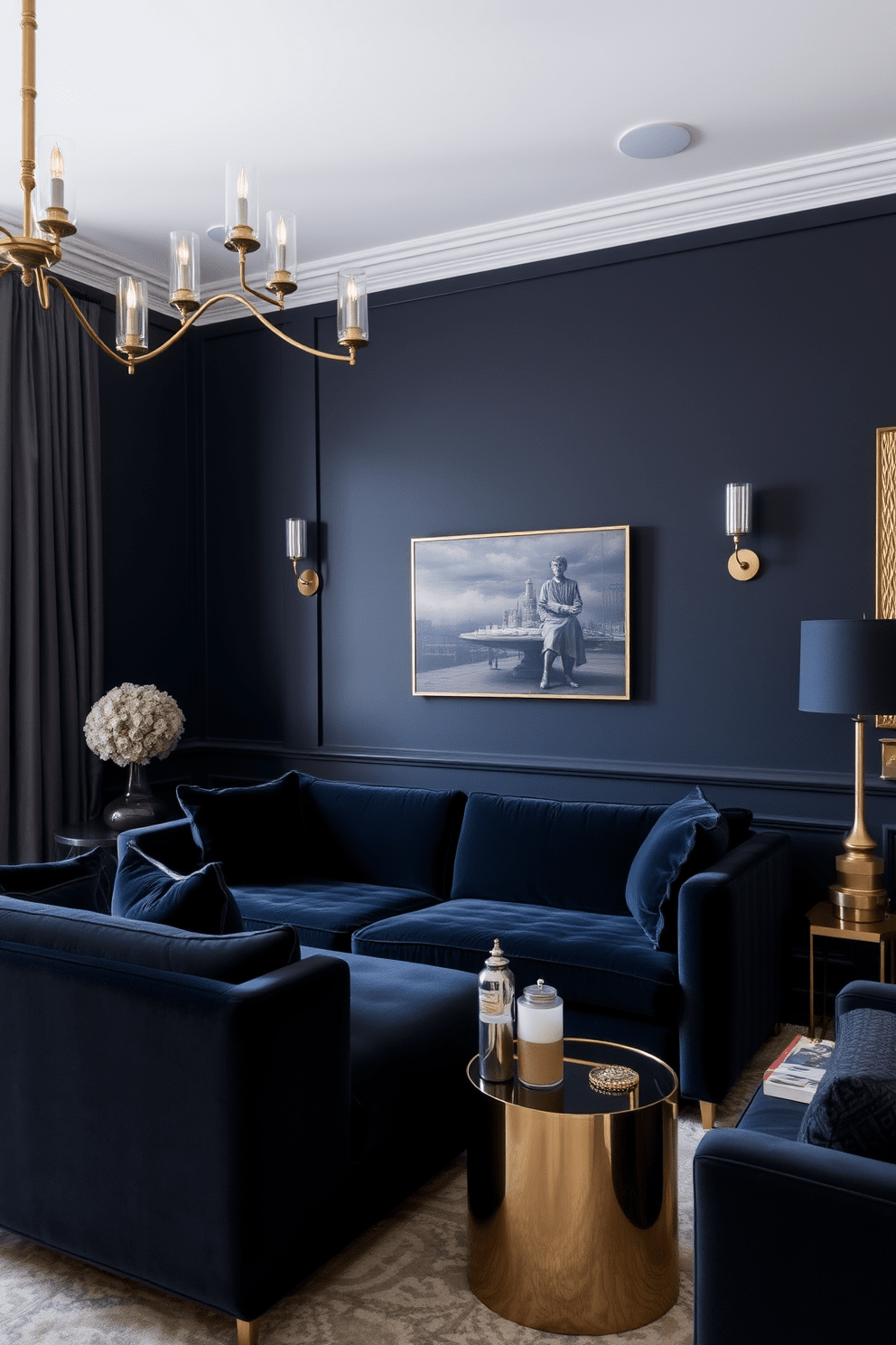 A dark apartment setting that exudes understated glamour with subtle metallic accents. The walls are painted in a deep charcoal hue, complemented by sleek black furniture and rich textures. Soft gold and bronze elements are incorporated through decorative lighting fixtures and accent pieces. A plush velvet sofa in a deep navy color anchors the space, while metallic side tables add a touch of elegance.