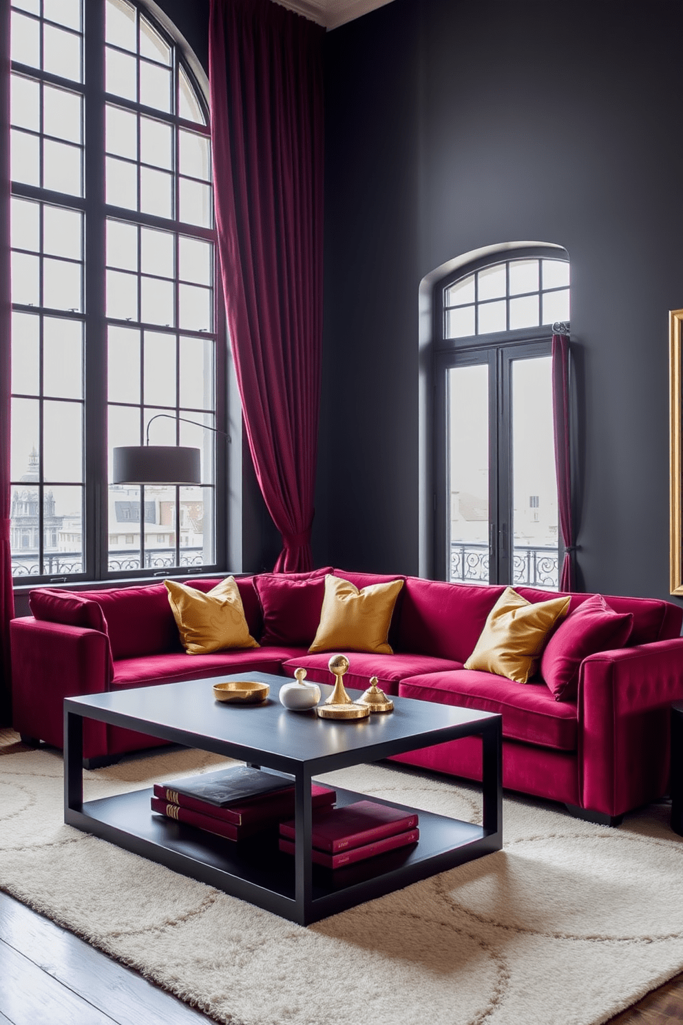 A dark apartment with rich burgundy accents creates a warm and inviting atmosphere. The living room features deep burgundy curtains that frame large windows, complemented by a plush burgundy sofa adorned with gold and cream cushions. The walls are painted in a charcoal gray, enhancing the richness of the burgundy elements. A sleek black coffee table sits atop a soft cream rug, and a few carefully chosen gold decor pieces add a touch of elegance to the space.