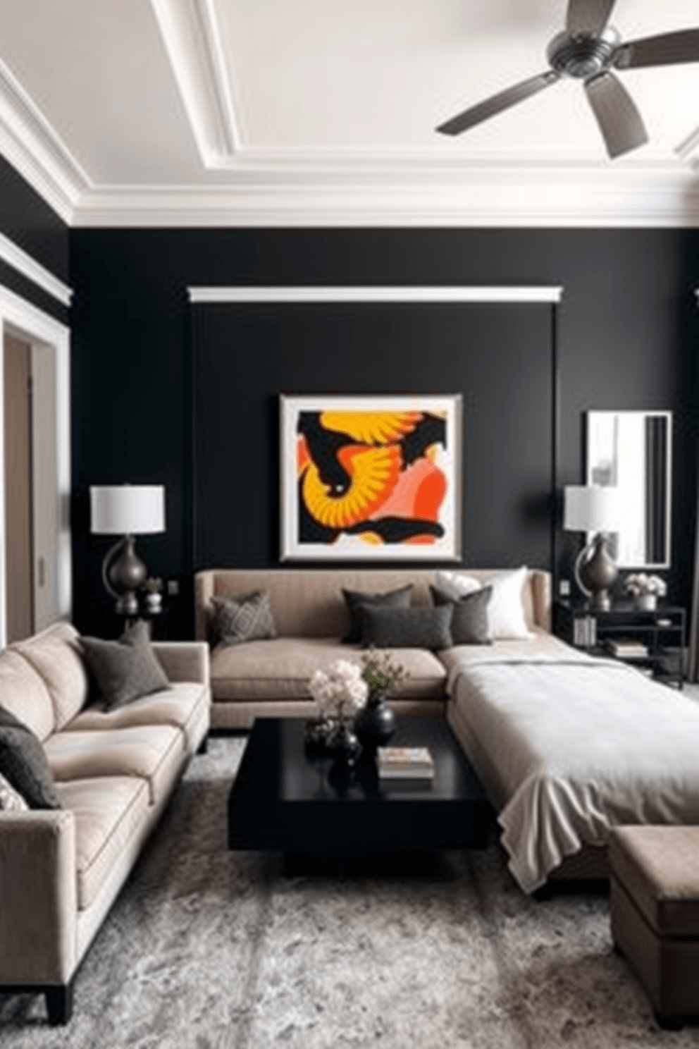 A modern living room featuring dark accent walls complemented by light trim. The space includes a plush sectional sofa in a neutral tone, paired with a sleek coffee table and bold artwork that pops against the dark backdrop. A cozy bedroom with dark accent walls and light trim to create a dramatic effect. The room is furnished with a king-sized bed dressed in luxurious linens, flanked by elegant nightstands with stylish lamps that enhance the overall ambiance.