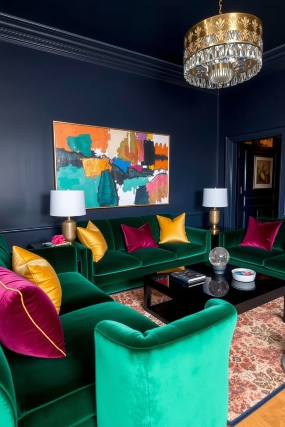 A dark apartment filled with rich jewel tones creates a dramatic and inviting atmosphere. The walls are painted in a deep navy blue, while plush velvet sofas in emerald green and burgundy provide luxurious seating options. Accent pillows in gold and sapphire add vibrant pops of color. A large abstract painting featuring jewel tones hangs above a sleek black coffee table, enhancing the overall elegance of the space.