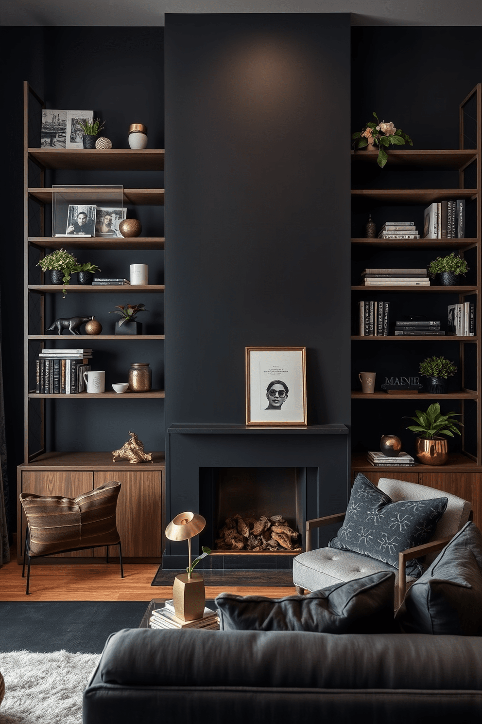 Open shelving against a dark backdrop creates a striking visual contrast that enhances the elegance of the space. The shelves are filled with curated decor items, books, and plants, adding personality and warmth to the room. The dark apartment design features deep hues on the walls that evoke a sense of sophistication and intimacy. Accents of metallics and rich textures are incorporated through furniture and accessories, creating a luxurious atmosphere.