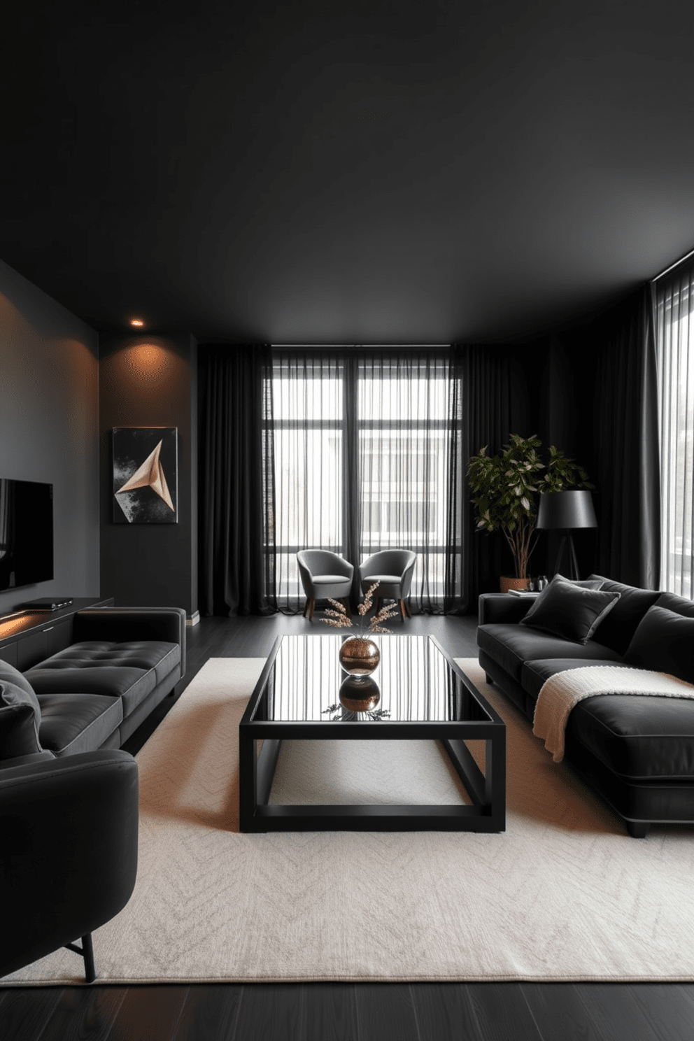 A sleek living room featuring matte black finishes throughout the space. The walls are painted in a deep charcoal color, complemented by a plush black velvet sofa and a glass coffee table with a matte black frame. Soft ambient lighting casts a warm glow, highlighting the geometric patterns of the area rug. Large windows draped with sheer black curtains allow natural light to filter in, creating a cozy yet sophisticated atmosphere.