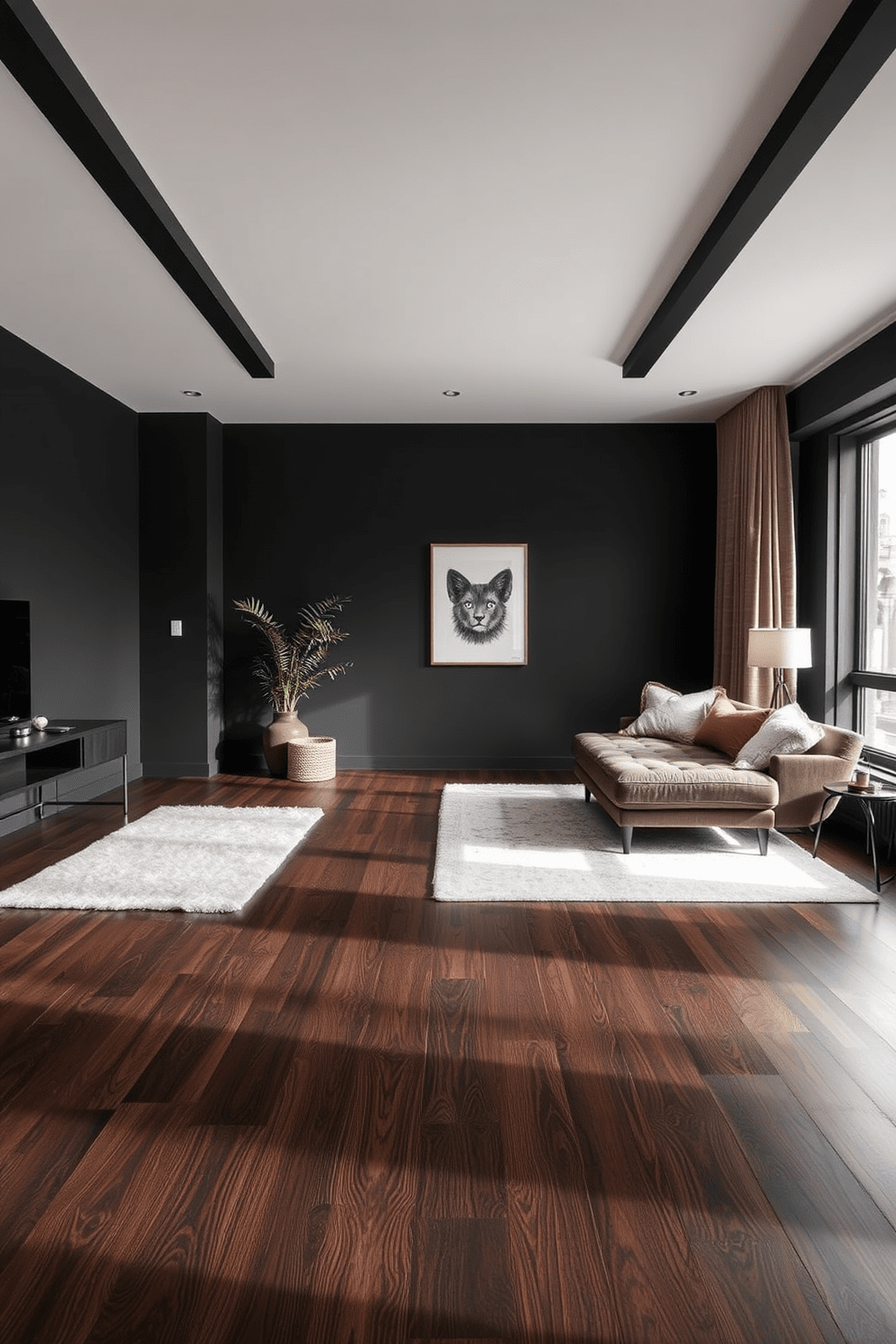 Dark wood flooring creates a warm and inviting atmosphere in the space. Light rugs are strategically placed to add contrast and comfort, enhancing the overall aesthetic of the dark apartment design. The walls are painted in a deep charcoal hue, providing a modern backdrop for the furnishings. Large windows allow natural light to filter in, illuminating the rich textures of the decor.