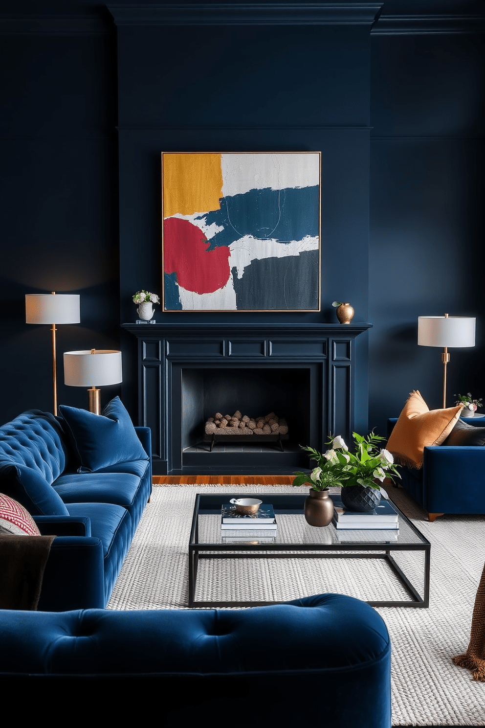 A deep navy blue living room with plush velvet sofas and gold accents. The walls are painted in a rich navy hue, creating a cozy and calming atmosphere, while a large abstract painting in contrasting colors hangs above the mantel. Soft lighting from elegant floor lamps casts a warm glow across the space. A modern coffee table with a glass top sits on a textured area rug, surrounded by stylish decor and greenery for a touch of freshness.