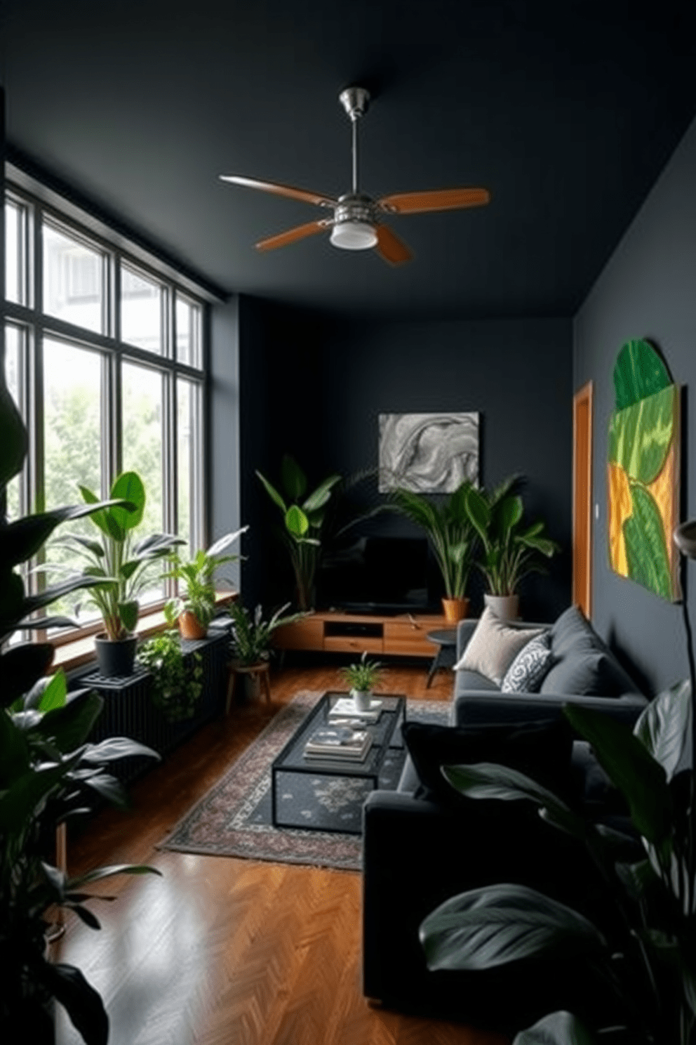 A dark apartment featuring deep green plants that provide a striking natural contrast. The space is adorned with modern furniture, including a sleek black sofa and a glass coffee table, creating a cozy yet sophisticated atmosphere. The walls are painted in a rich charcoal hue, enhancing the warmth of the wooden accents throughout the room. Large windows allow natural light to filter in, highlighting the lush greenery of the plants positioned strategically around the space.