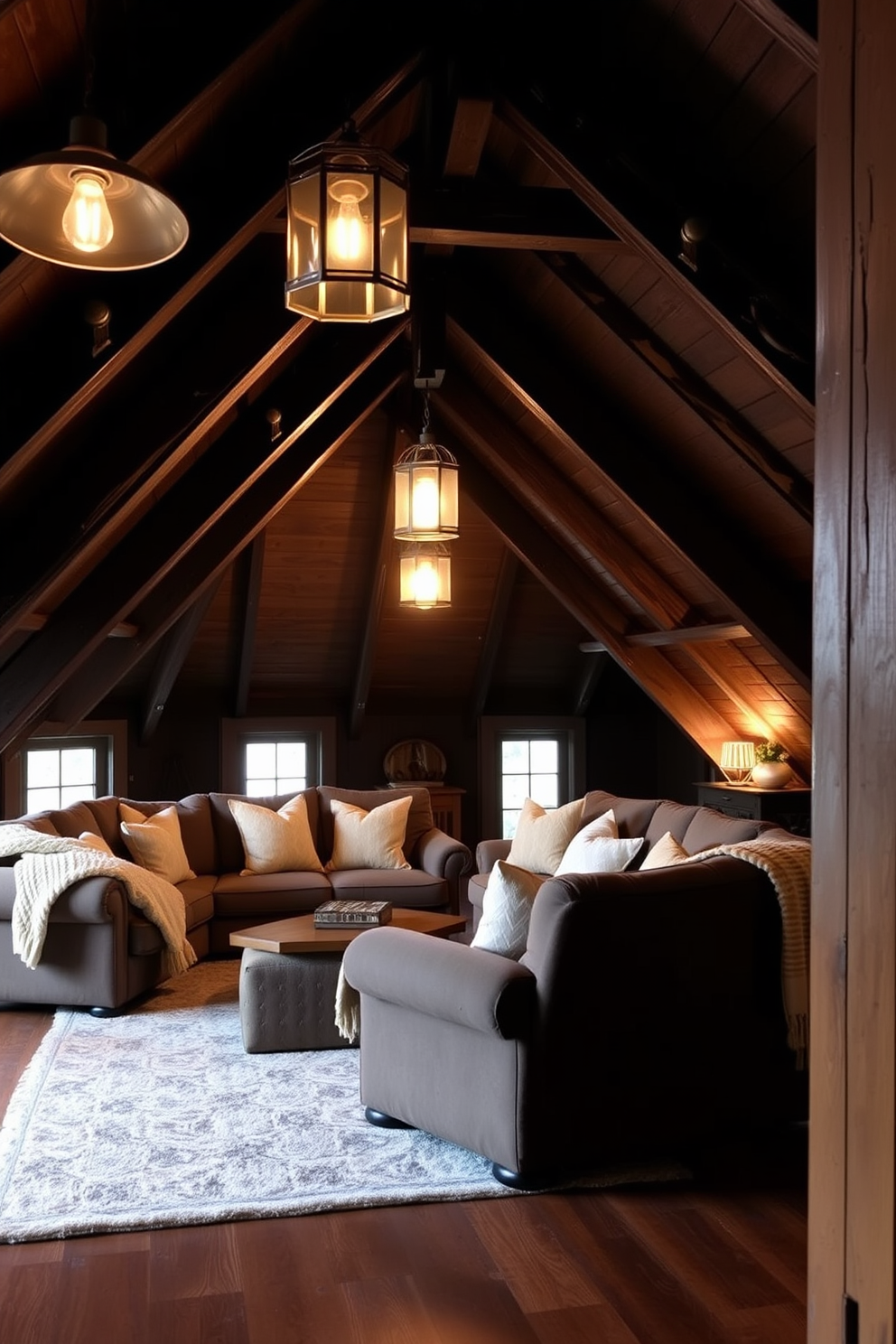 Cozy dark wood beams create a warm and inviting atmosphere in the attic room. Soft lighting fixtures, such as pendant lights and sconces, enhance the rustic charm while providing a comforting glow. Plush furnishings, including a large sectional sofa and oversized armchairs, are arranged to encourage relaxation and conversation. Textured throw blankets and cushions in muted tones add layers of comfort and style to the space.