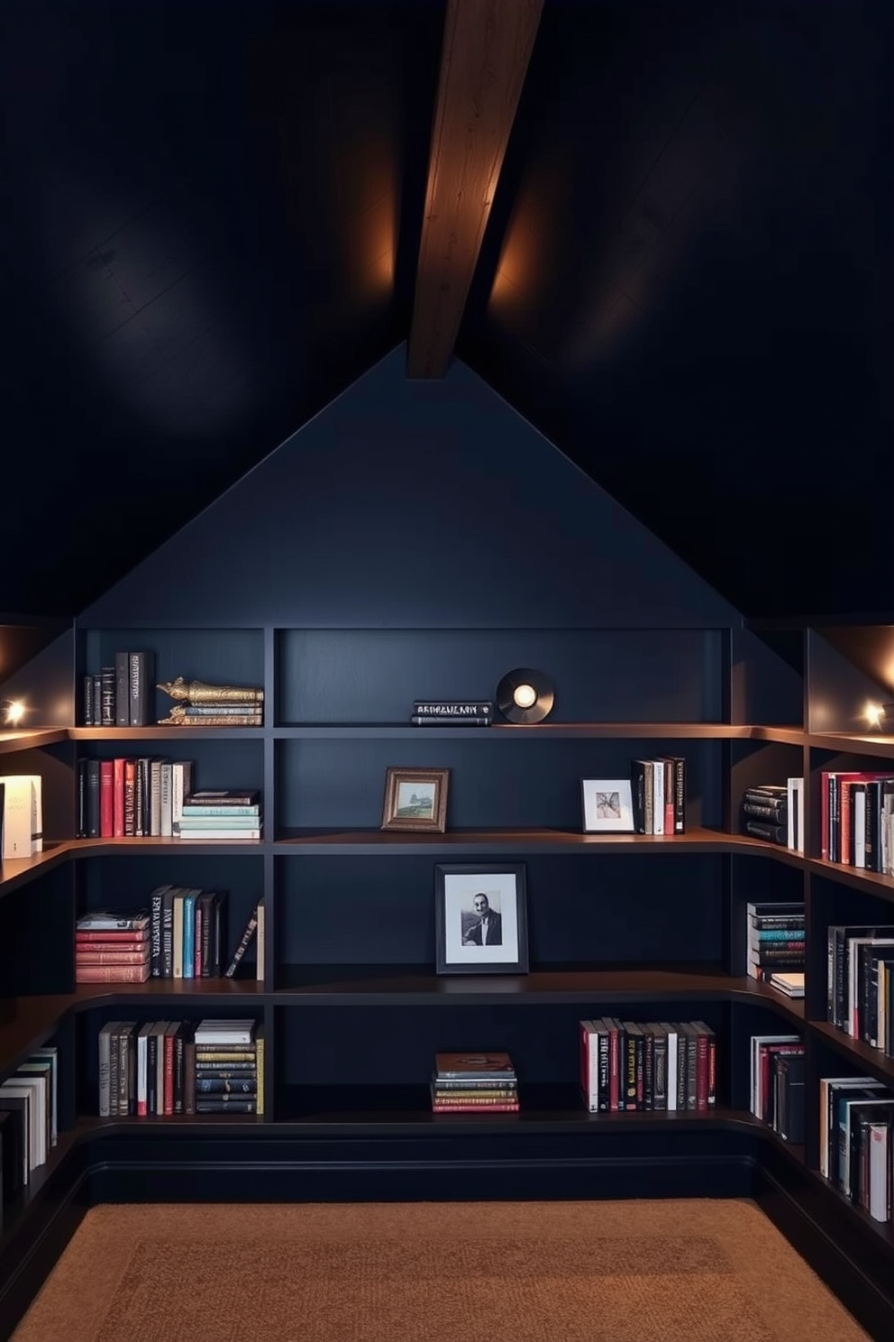 A dark and cozy attic room features built-in shelves that seamlessly integrate into the sloped ceiling. The shelves are filled with books and decorative items, adding both storage and style to the space. The walls are painted in a deep navy blue, creating a dramatic backdrop against the warm wooden beams. Soft lighting fixtures are strategically placed to illuminate the room, enhancing the inviting atmosphere.