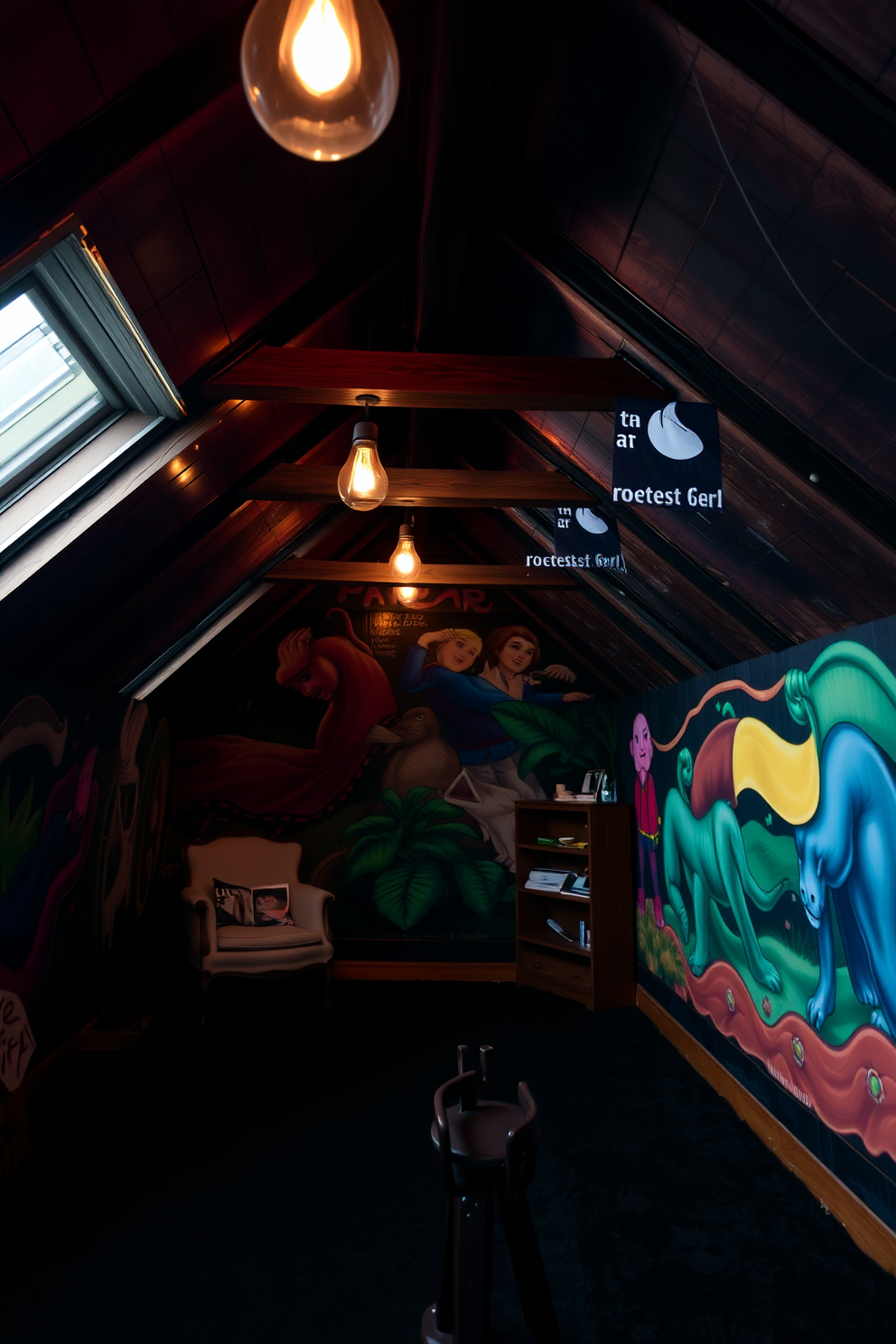 Artistic murals adorn the walls of a dark attic room, creating a unique and vibrant atmosphere. The ceiling features exposed wooden beams, and the floor is covered with a plush, deep-colored rug. Soft lighting fixtures hang from the ceiling, casting a warm glow throughout the space. A cozy reading nook with a vintage armchair and a small bookshelf adds charm to the room.