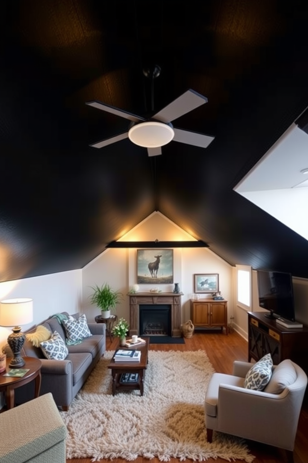 A striking dark painted ceiling creates a dramatic contrast in the attic room, enhancing the cozy atmosphere. The walls are adorned with soft textures and warm lighting to balance the intensity of the ceiling. Incorporate a mix of modern and vintage furnishings to add character to the space. Consider using a plush area rug to define seating areas and add comfort underfoot.