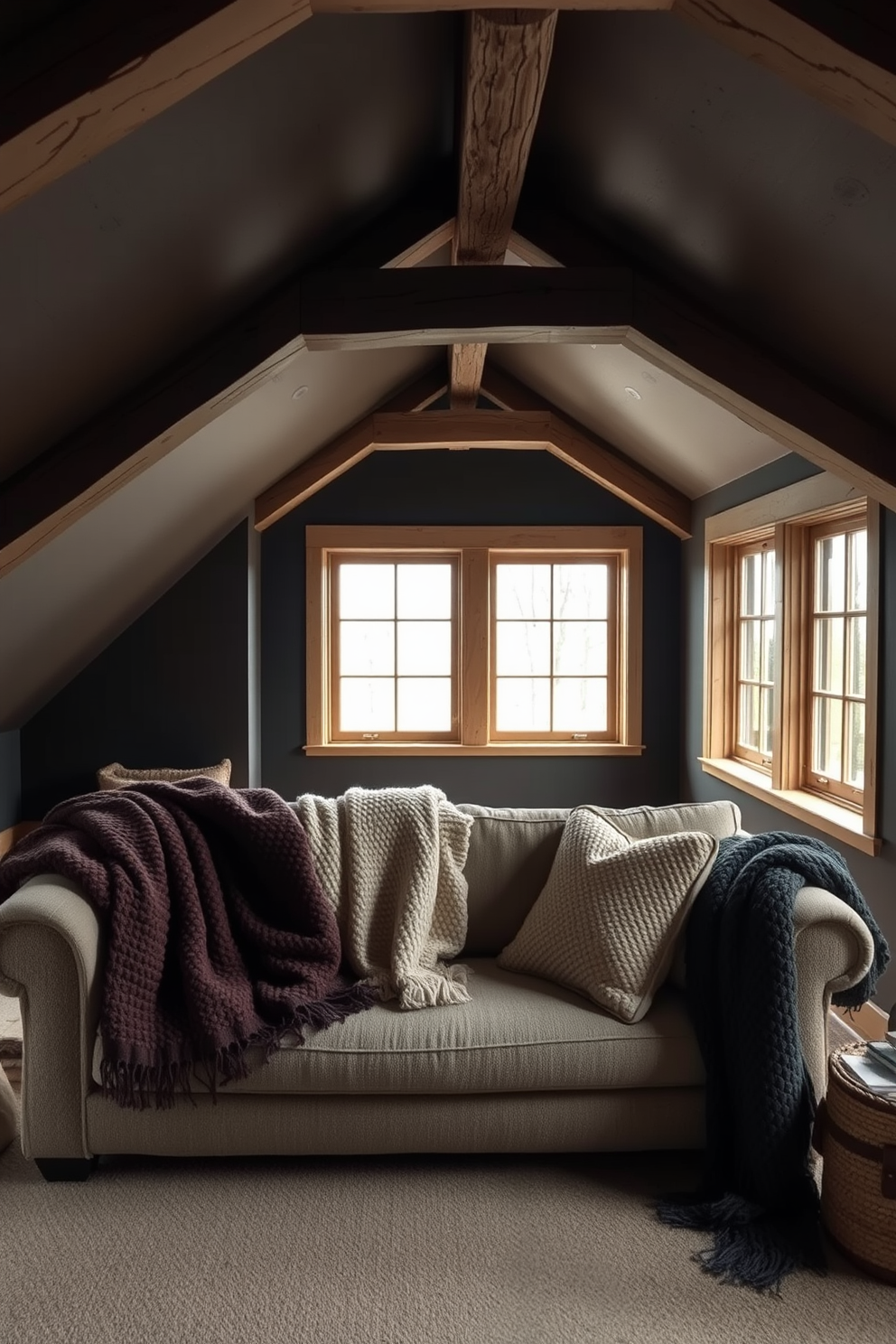 Textured throws are draped over a plush sofa, adding warmth and inviting comfort to the space. The walls are painted in deep shades, creating an intimate atmosphere that enhances the cozy feel. The attic room features sloped ceilings adorned with rustic wooden beams, providing character and charm. Large windows allow natural light to flood the room, illuminating the soft textures and creating a serene retreat.