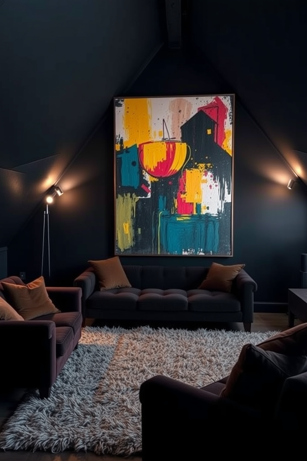 Large artwork creates a stunning focal point in a dark attic room. The walls are painted in deep charcoal, and the artwork is a vibrant abstract piece that draws the eye. Soft lighting fixtures are strategically placed to enhance the artwork's colors while providing a warm ambiance. Cozy furnishings in rich textures, like a plush velvet sofa and a shaggy rug, invite relaxation in this unique space.