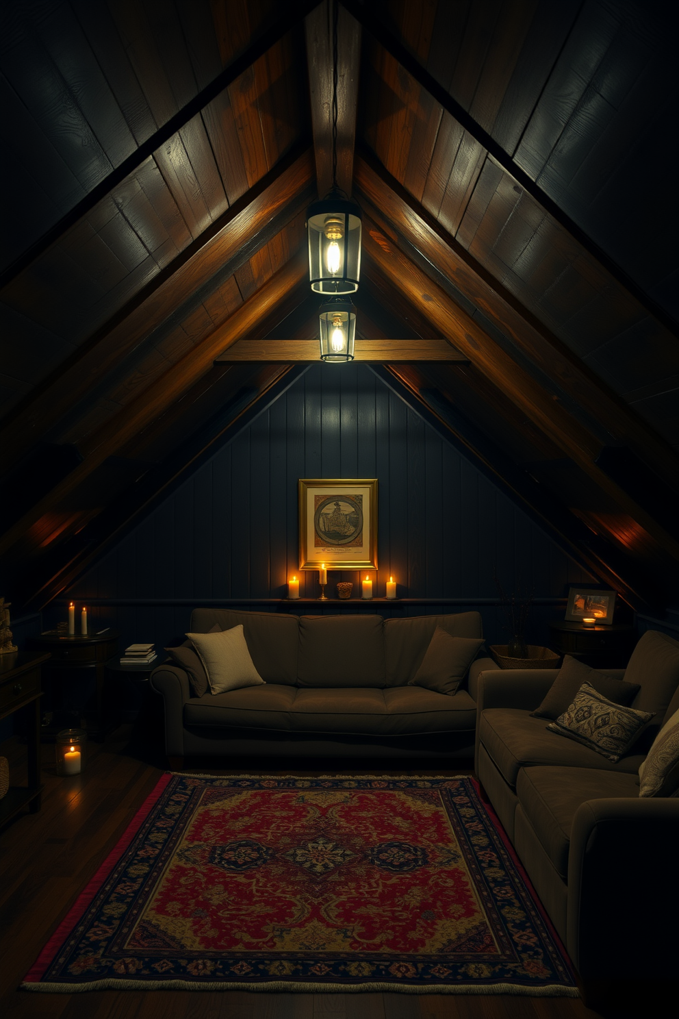 A cozy dark attic room designed for relaxation. The space is illuminated by soft candlelight, creating a warm and inviting atmosphere. Rich wooden beams line the ceiling, contrasting with the deep, moody wall colors. Plush furnishings, including a large, comfortable sofa and a vintage rug, enhance the room's charm.