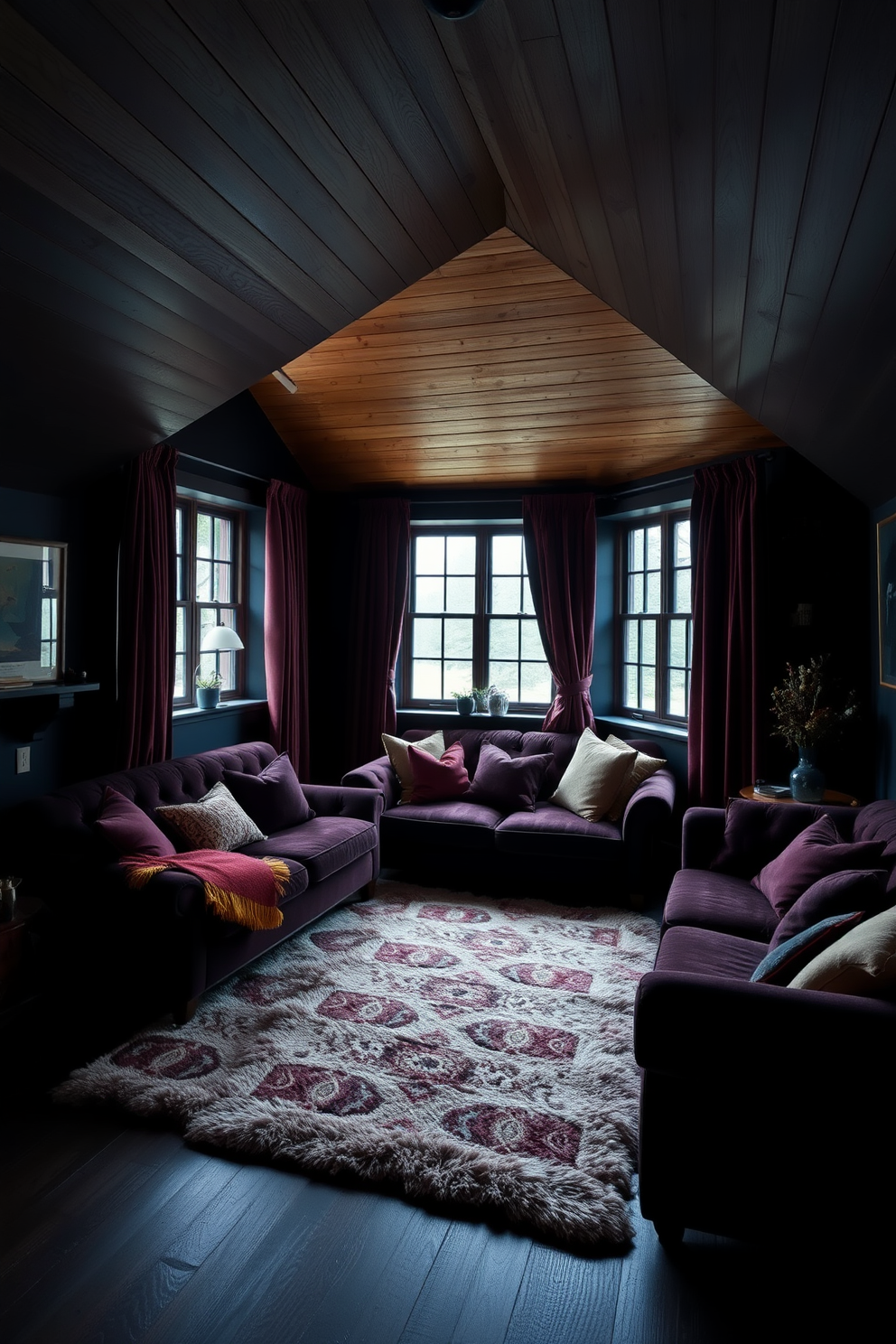 A dark attic room filled with moody colors creates an intimate and cozy atmosphere. Plush textiles in rich hues adorn the seating area, enhancing the overall comfort of the space. The walls are painted in deep navy blue, complemented by a warm wooden ceiling that adds character. Soft velvet curtains frame the windows, while a luxurious area rug anchors the seating arrangement.