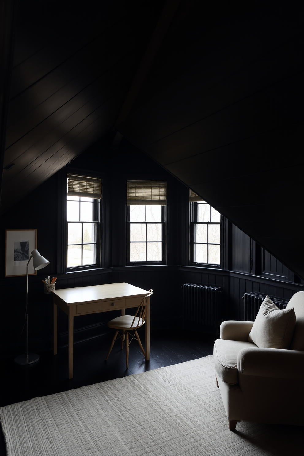 A dark attic room with sloped ceilings and exposed beams creates a cozy yet dramatic atmosphere. Neutral accents such as a light-colored area rug and soft beige throw pillows contrast beautifully against the dark wood and deep paint tones. Large windows allow natural light to flood the space, enhancing the inviting feel of the room. A minimalist wooden desk in a light finish provides a functional workspace, while a plush armchair in a soft fabric invites relaxation.