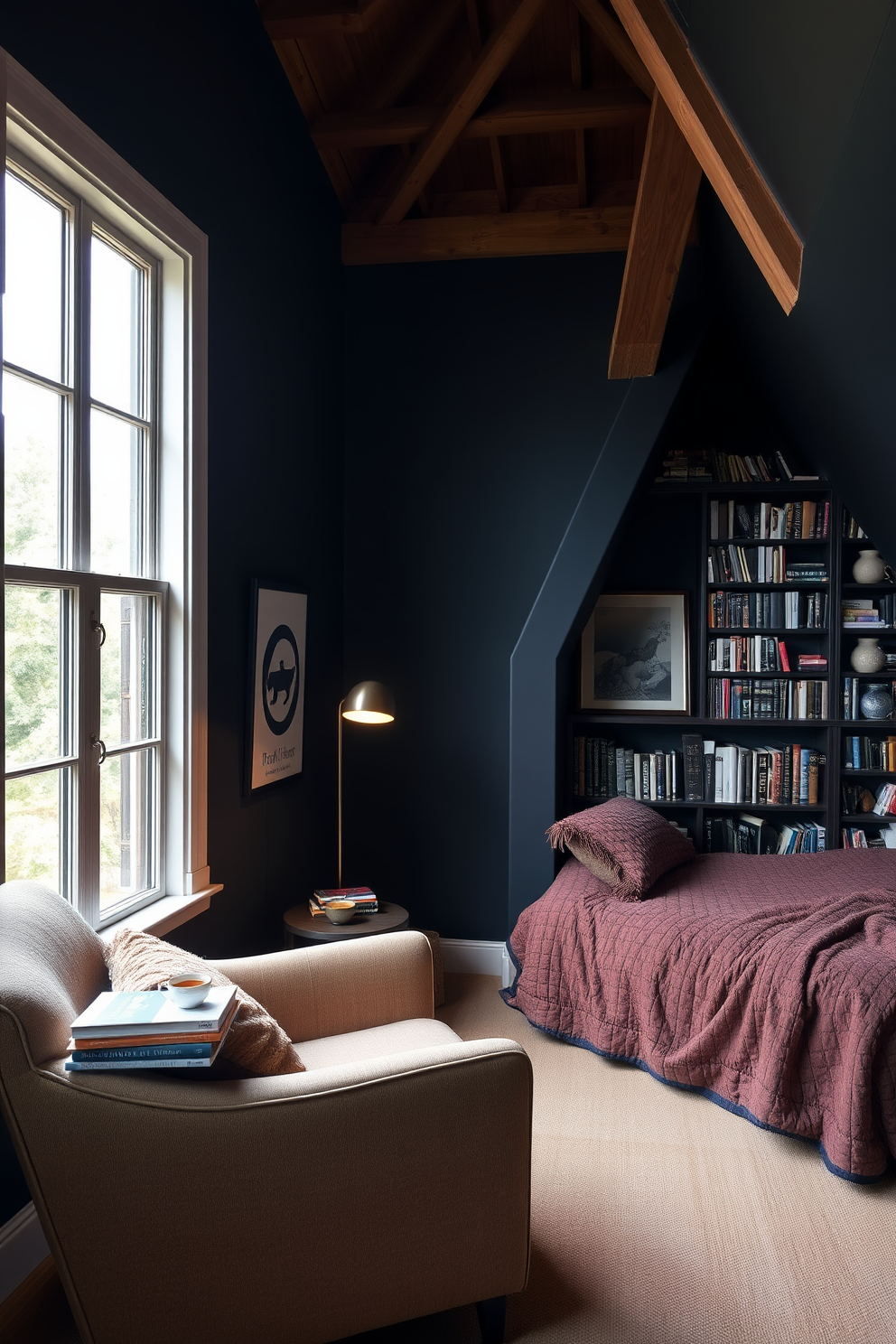 A cozy nook for reading and relaxation features a plush armchair upholstered in soft fabric, positioned next to a large window that allows natural light to flood the space. A small side table holds a stack of books and a steaming cup of tea, while a floor lamp with a warm glow creates an inviting ambiance. The dark attic room is designed with deep navy walls and exposed wooden beams that add character to the space. A comfortable daybed with rich, textured bedding is nestled in one corner, surrounded by bookshelves filled with an eclectic collection of novels and decorative items.