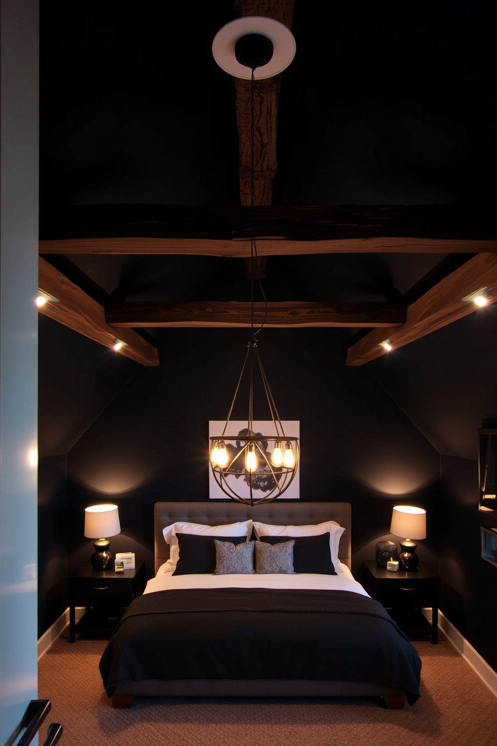 A dark attic room featuring layered lighting to create depth and interest. The walls are painted in a deep charcoal color, and the ceiling is adorned with exposed wooden beams for a rustic touch. Soft ambient lighting is provided by recessed lights, while a statement pendant light hangs in the center. Accent lamps with warm-toned bulbs are placed on side tables to enhance the cozy atmosphere.