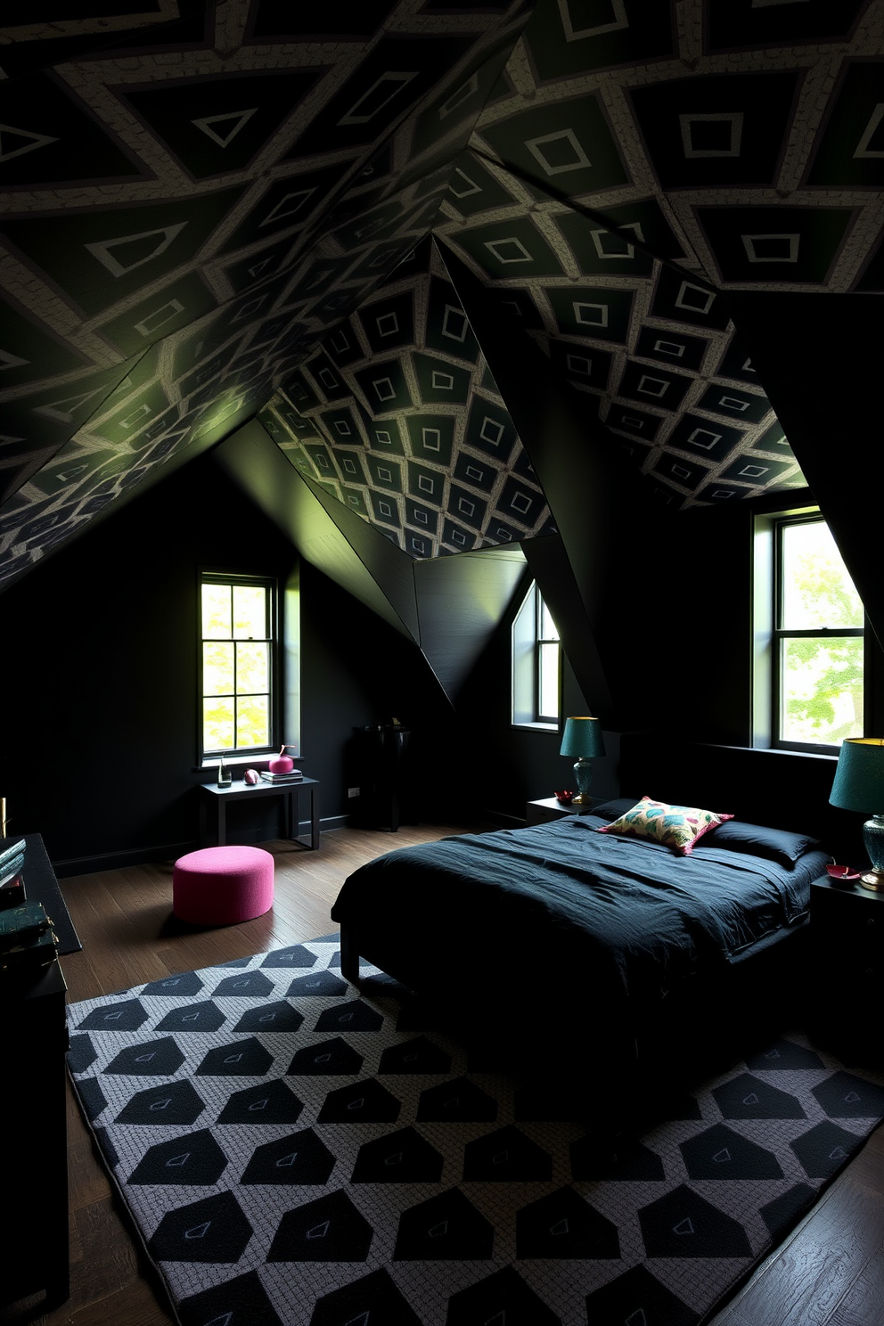 A dark attic room featuring bold geometric patterns on the walls and ceiling. The furniture is minimalistic with a sleek black bed and a geometric patterned rug that adds depth to the space. Large windows allow natural light to filter in, highlighting the striking patterns. Accent pieces in vibrant colors contrast with the dark tones, creating a dynamic and inviting atmosphere.