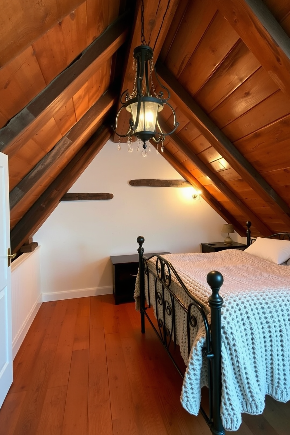 A cozy attic room filled with rustic charm. Reclaimed wood beams line the ceiling, and a warm wooden floor complements the space. A vintage-style bed with a thick, knitted blanket sits against one wall. Soft, ambient lighting from a wrought-iron chandelier creates an inviting atmosphere.