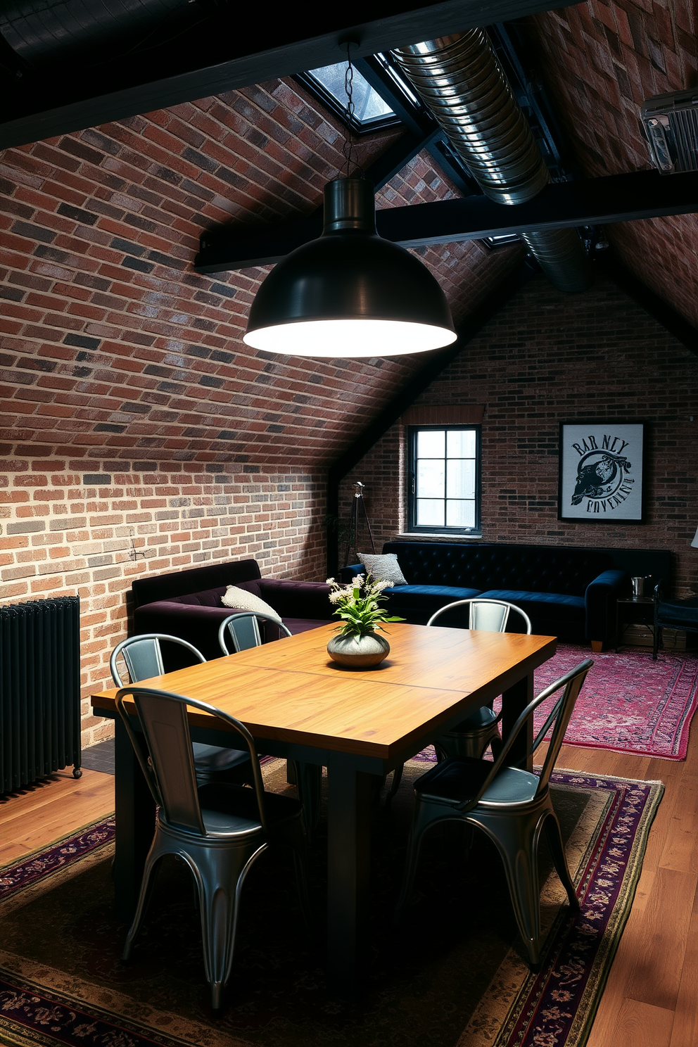 A stylish industrial chic room featuring exposed brick walls and metal accents. The space includes a large metal light fixture hanging from the ceiling and a rustic wooden table surrounded by metal chairs. A dark attic room designed for comfort and coziness. The room is furnished with a plush velvet sofa, a vintage rug, and soft ambient lighting that creates an inviting atmosphere.