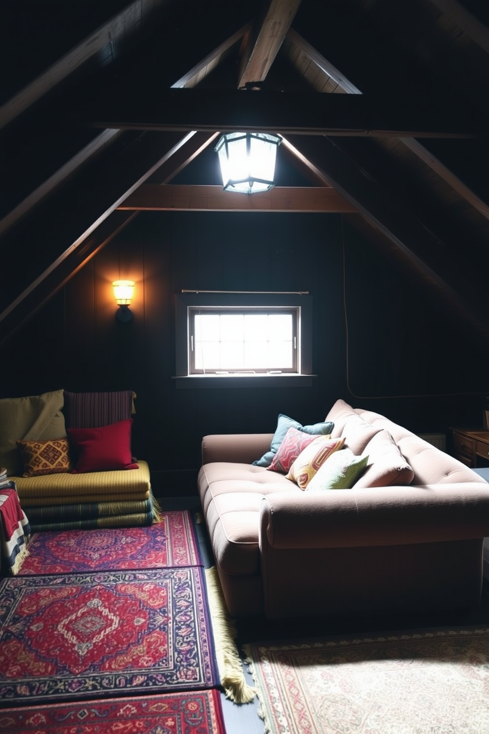 A cozy dark attic room filled with layered rugs that add warmth and texture. The walls are painted in a deep charcoal shade, and the ceiling features exposed wooden beams for an inviting rustic feel. A plush oversized sofa is positioned against one wall, adorned with a mix of colorful throw pillows. Soft lighting from vintage-style sconces illuminates the space, creating a relaxing ambiance perfect for reading or lounging.