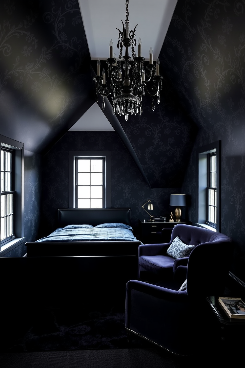 A dark attic room with bold patterned wallpaper that adds a dramatic flair to the space. The furniture is minimalistic, featuring a sleek black bed frame and a cozy reading nook with an oversized armchair in a rich velvet fabric. Large windows allow natural light to filter in, contrasting beautifully with the dark walls. A vintage chandelier hangs from the ceiling, providing an elegant touch and enhancing the room's atmosphere.