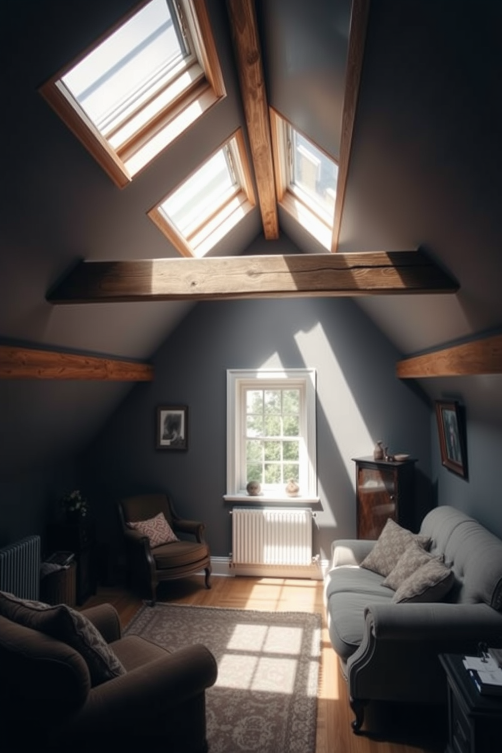 A dark attic room filled with character and charm. Skylights are strategically placed to allow natural light to flood the space, creating a warm and inviting atmosphere. The walls are painted in a soft gray color, complemented by exposed wooden beams for a rustic touch. Cozy furniture pieces, such as a plush sofa and a vintage armchair, are arranged to encourage relaxation and conversation.