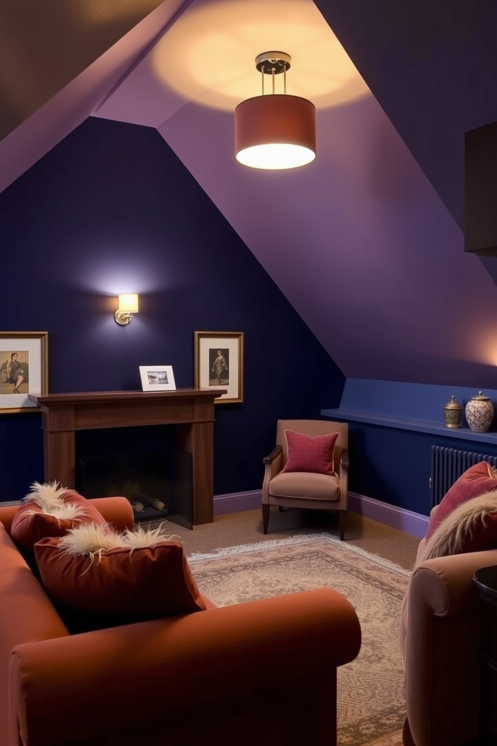 A dramatic accent wall painted in deep jewel tones creates a focal point in the room. The rich colors enhance the cozy atmosphere, making the space feel both luxurious and inviting. The dark attic room features sloped ceilings that add character and charm. Soft lighting fixtures and plush furnishings create a warm and comfortable retreat.