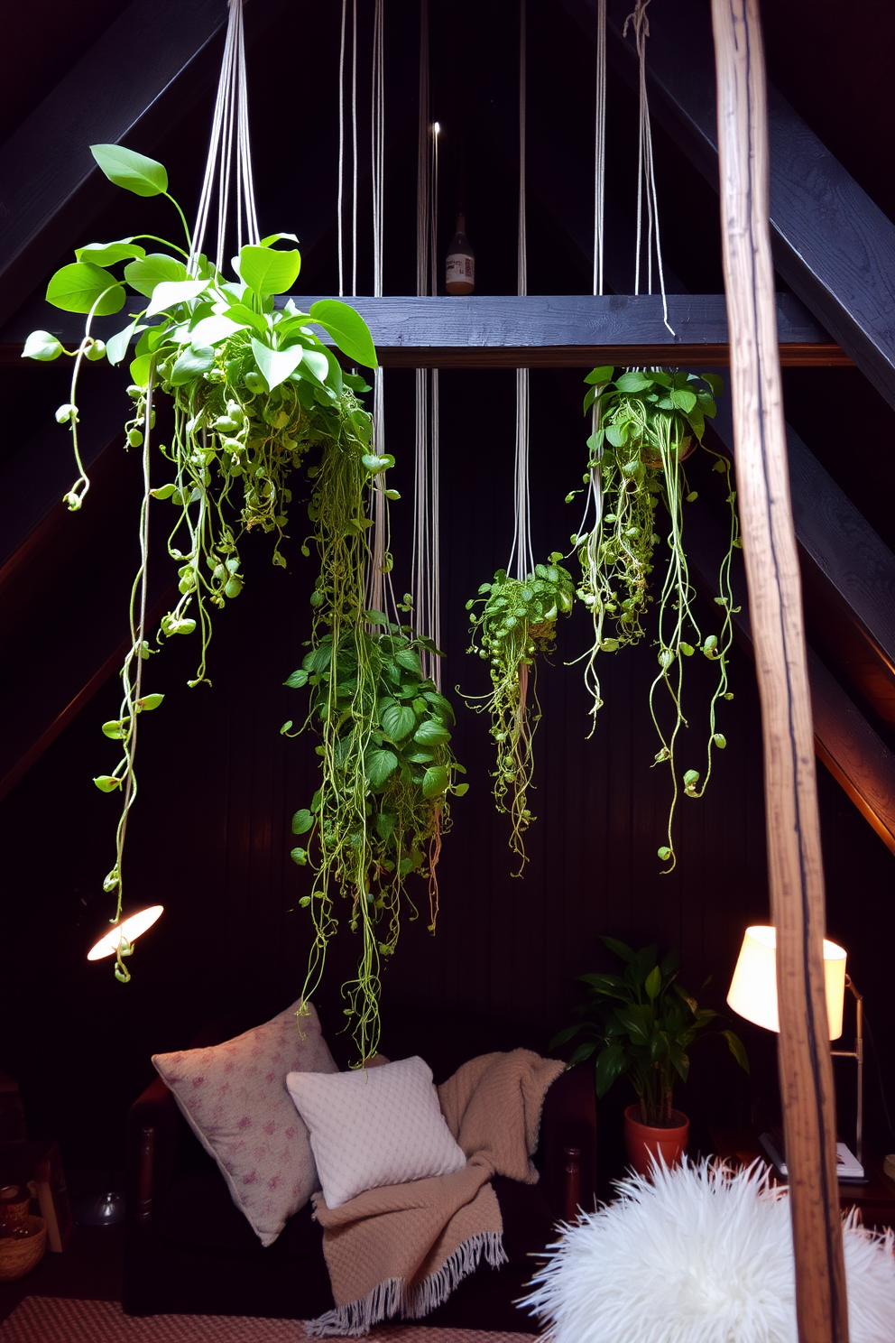 Hanging plants create a vibrant and lively atmosphere in a dark attic room. The plants dangle from the ceiling beams, adding a refreshing touch of green against the rich, dark walls. The attic features cozy seating with plush cushions and a soft throw blanket. Ambient lighting from stylish floor lamps enhances the inviting and warm feel of the space.