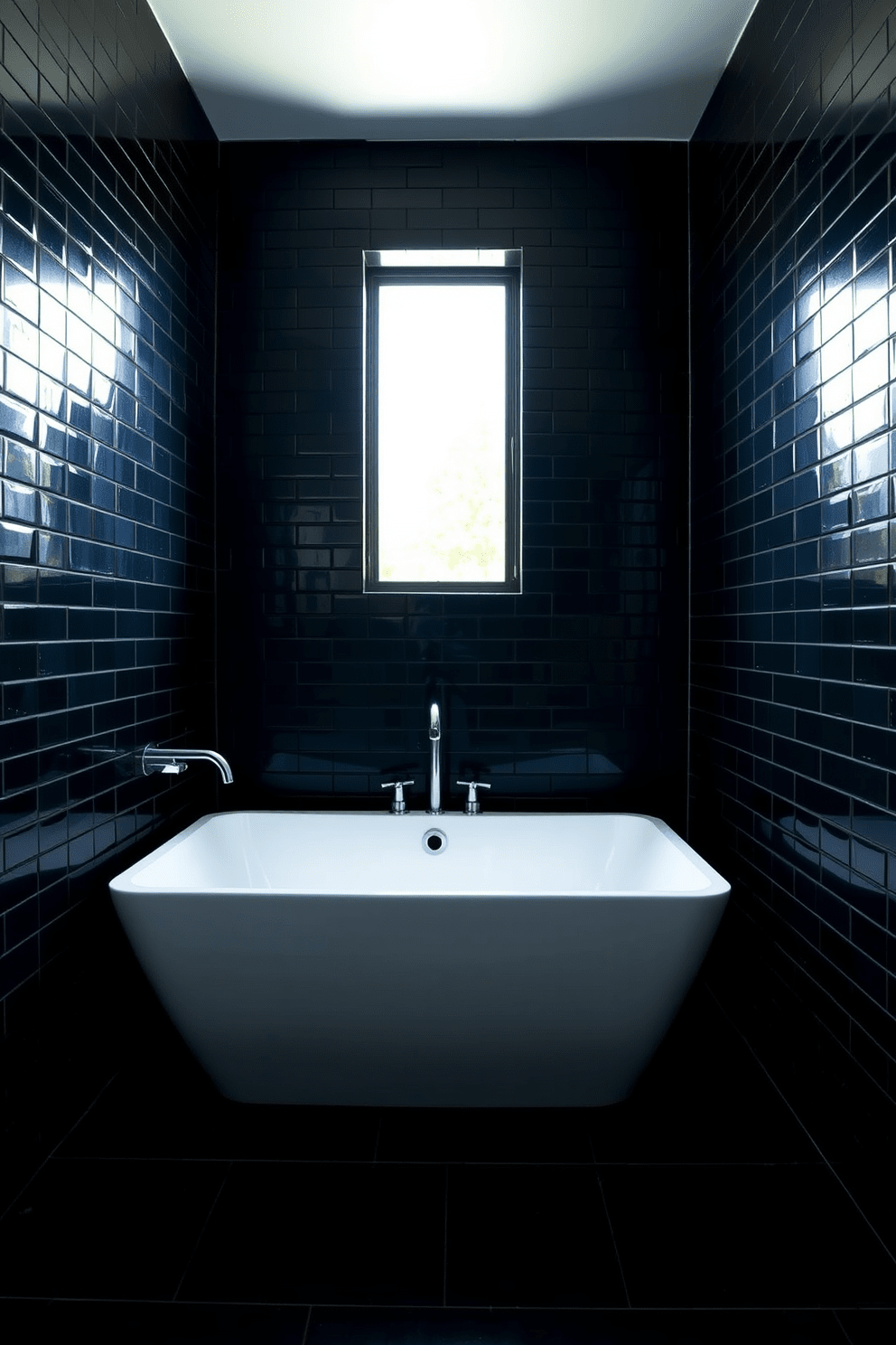 A sleek dark bathroom design featuring black tiles that cover the walls from floor to ceiling. The space is accented with chrome fixtures and a modern freestanding tub positioned under a large window that allows natural light to filter in.