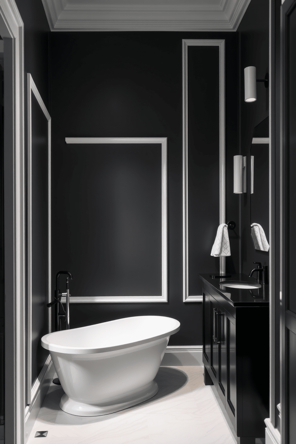 A dramatic bathroom featuring charcoal grey walls adorned with crisp white trim. The space is illuminated by sleek modern fixtures, creating a striking contrast that enhances the room's sophistication. Elegant black cabinetry complements the dark walls, providing ample storage while maintaining a minimalist aesthetic. A freestanding white bathtub sits gracefully in the corner, inviting relaxation and tranquility.