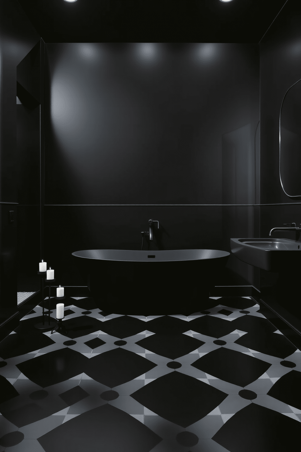 A striking dark bathroom features black walls that create a dramatic backdrop. The floor is adorned with bold black and white geometric tiles that add a contemporary flair. A sleek freestanding bathtub sits at the center, surrounded by elegant candle holders. Modern fixtures in matte black complete the sophisticated look, enhancing the overall ambiance of luxury.