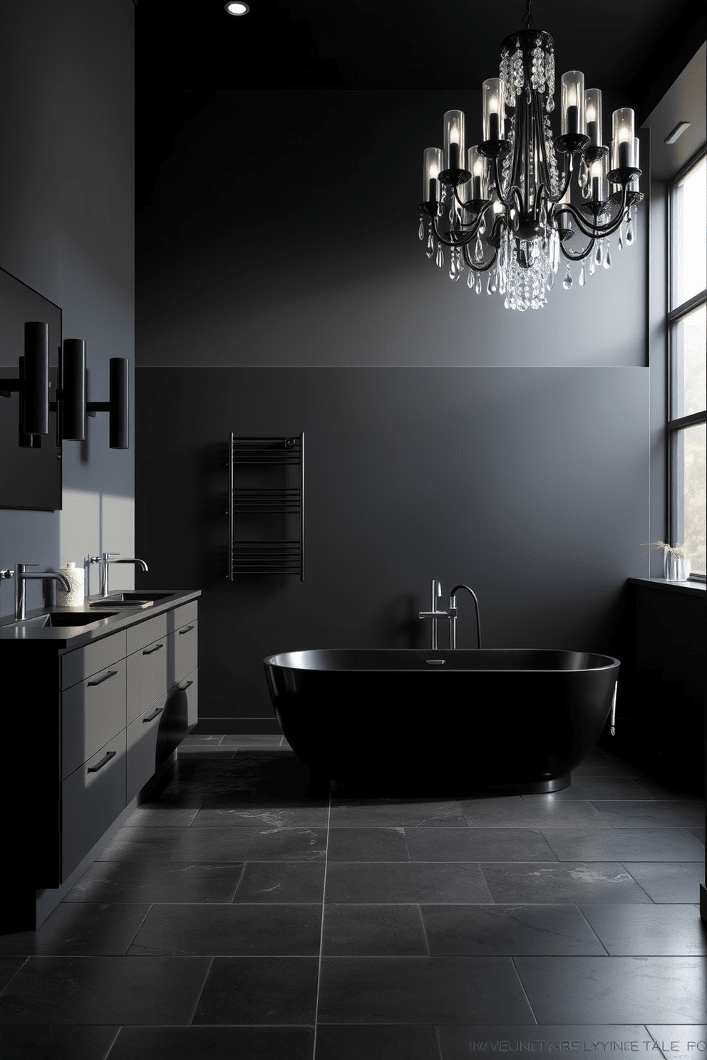 A dramatic bathroom setting featuring bold black lighting fixtures that create striking shadows and highlights. The walls are painted in a deep charcoal hue, complementing the sleek black cabinetry and fixtures throughout the space. The floor is adorned with large-format dark tiles that enhance the room's moody atmosphere. A freestanding black bathtub sits elegantly in the corner, illuminated by a stunning chandelier overhead.