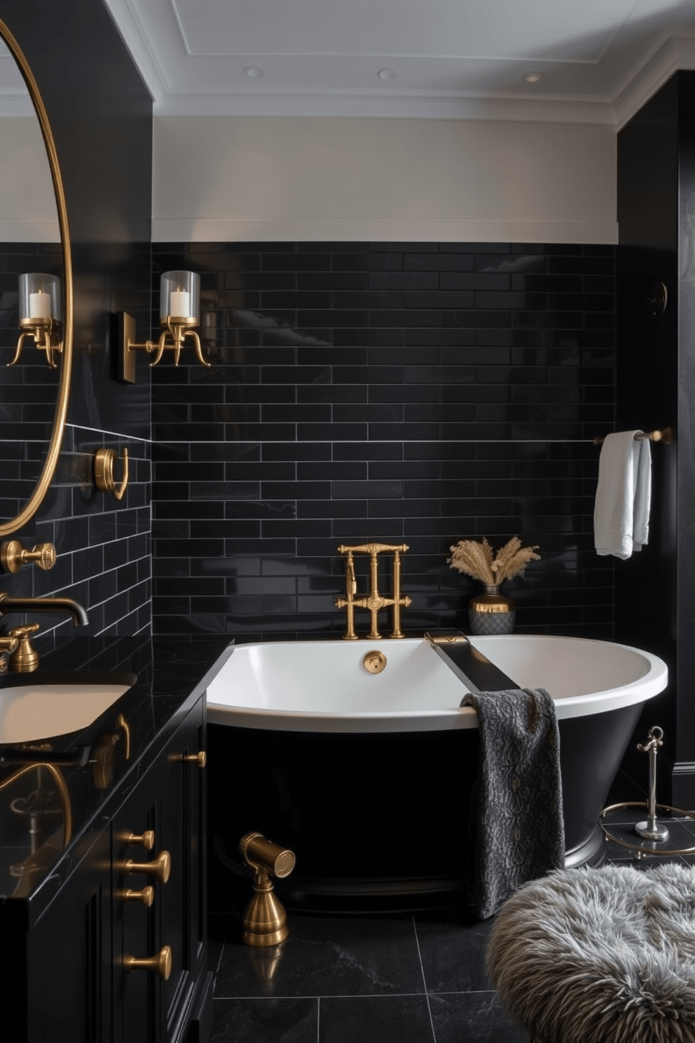 A dark and luxurious bathroom featuring a blend of mixed metals throughout the space. The fixtures, including faucets and cabinet handles, showcase a combination of brushed gold and matte black finishes, creating a striking contrast against the deep charcoal walls. The bathtub, elegantly freestanding, is surrounded by gold-accented decor elements, enhancing the opulent atmosphere. Soft lighting from stylish sconces illuminates the space, highlighting the rich textures of the dark tiles and plush textiles.