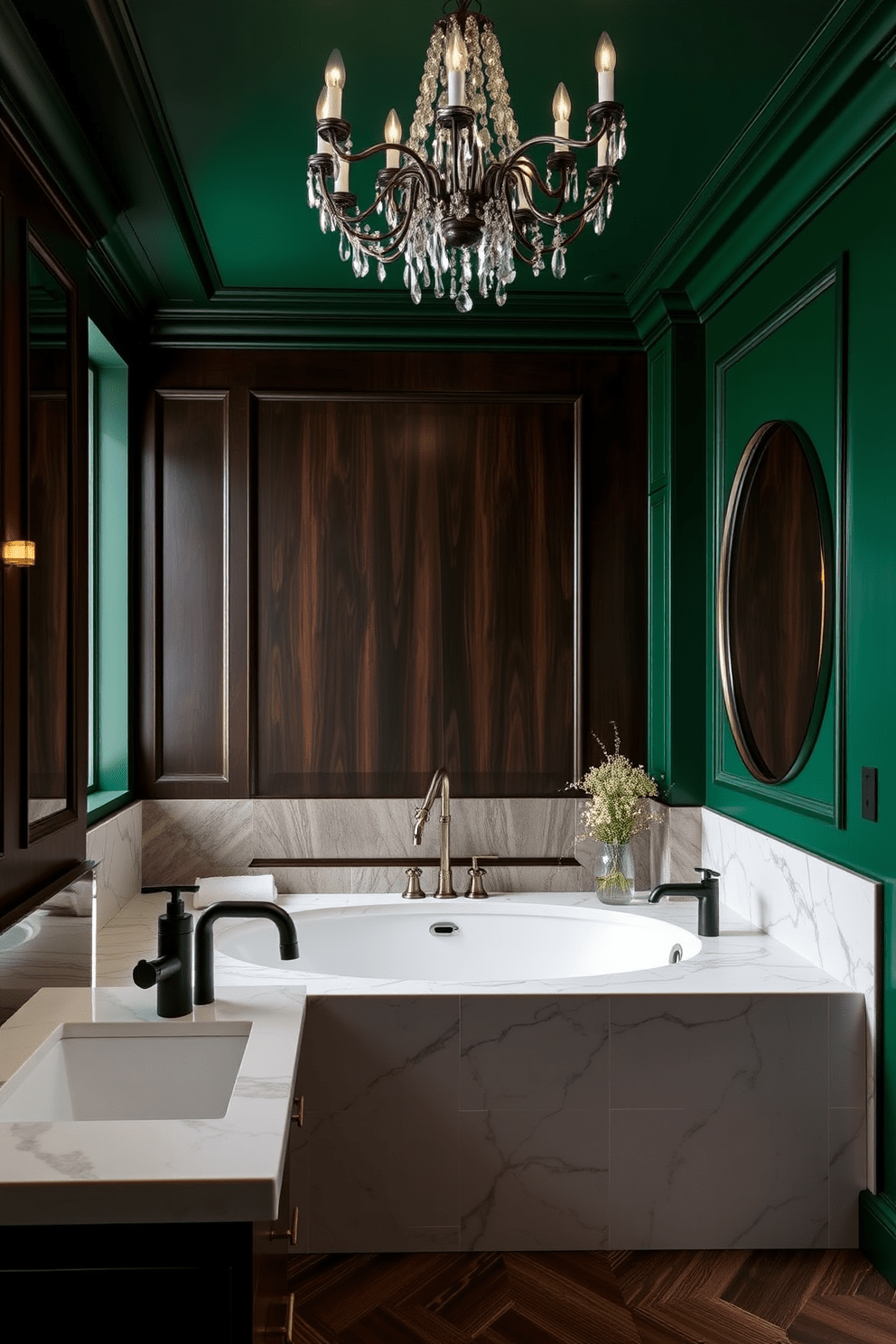 A deep green painted bathroom envelops the space in a rich and luxurious ambiance. The design features sleek black fixtures and a large soaking tub surrounded by elegant marble accents. The walls are adorned with dark wood paneling that adds warmth and sophistication. A statement chandelier hangs from the ceiling, illuminating the space with a soft glow.